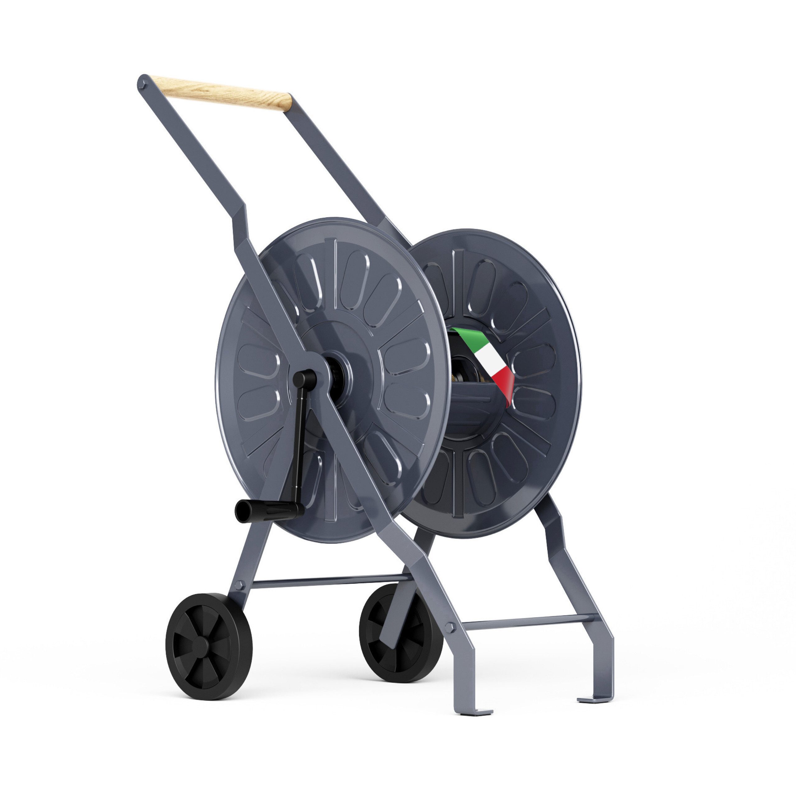 LIVLIG Schlauchwagen für bis 50 m Gartenschlauch, 1/2 Zoll Anschluss, (1x Schlauchwagen), Made in Italy, Handkurbel aus Holz, geländegängige Räder