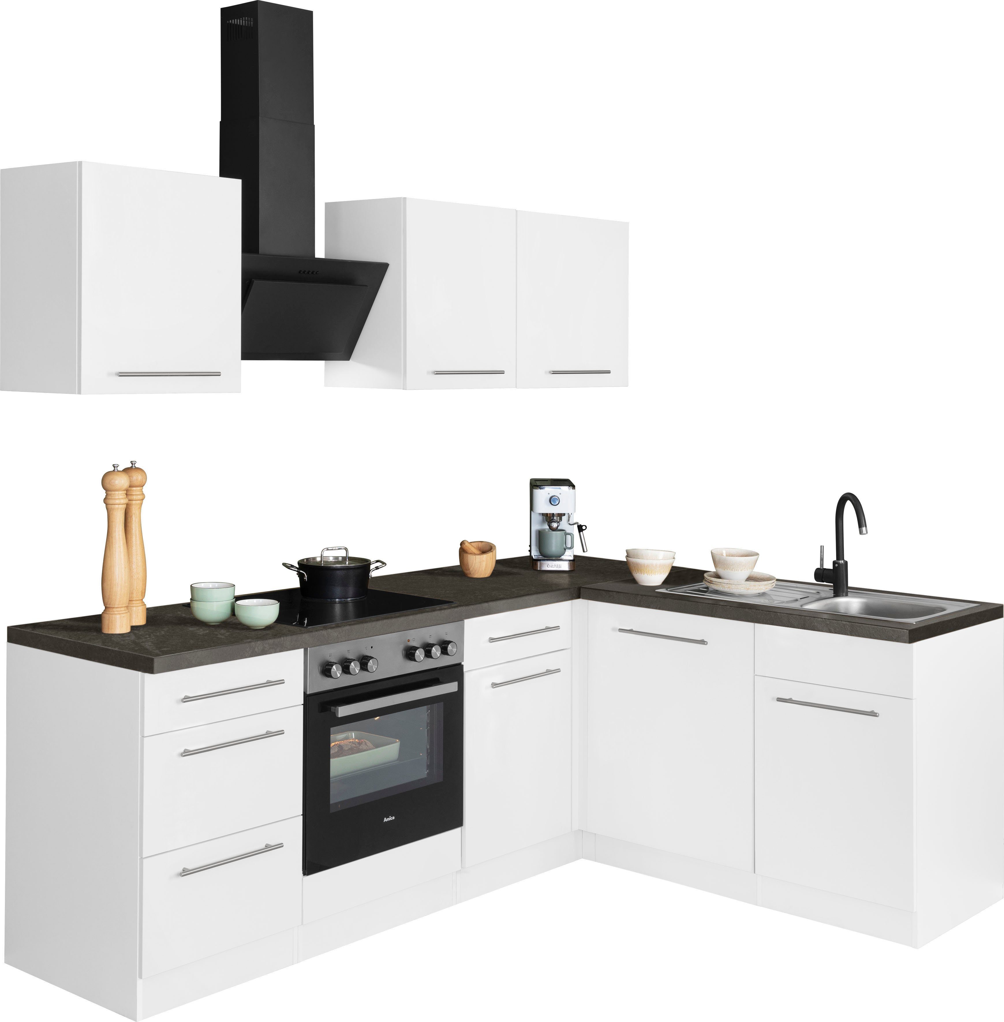 wiho Küchen Winkelküche Unna, mit 170 220 x weiß cm schwarz Weiß/Granit Stellbreite | E-Geräten