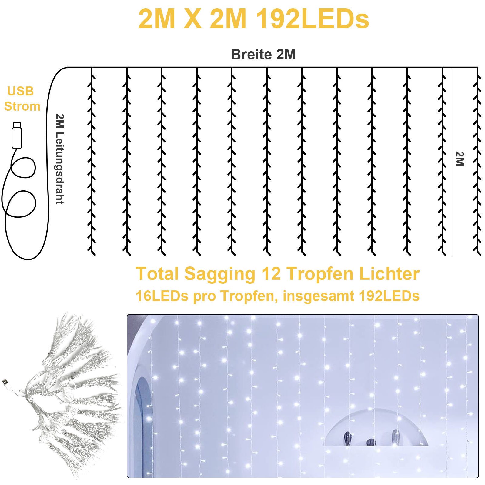 Qualra LED-Lichtervorhang 2Mx2M 192LEDs Lichtervorhang Innen Wasserdicht We günstig online kaufen