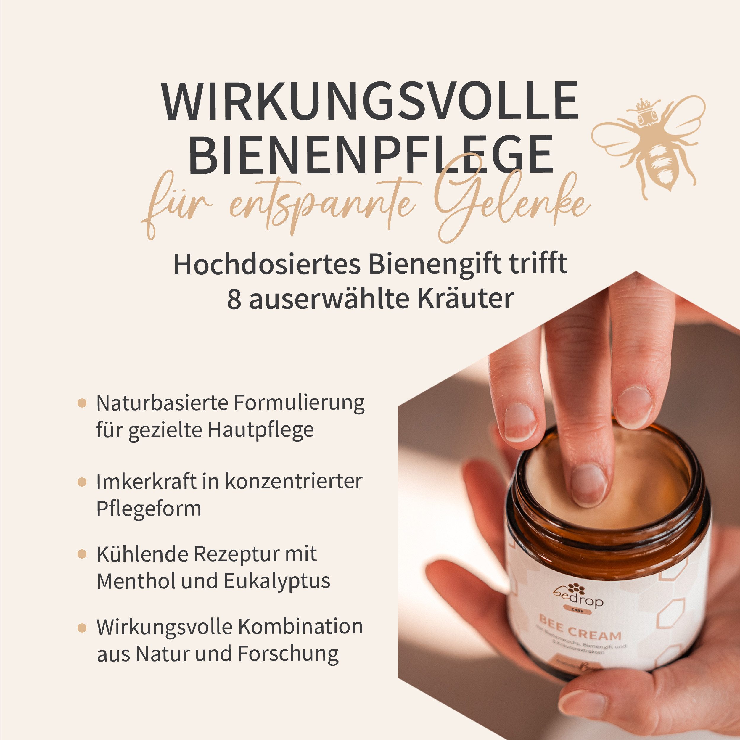 bedrop Körpercreme Bee Cream Bienengiftsalbe hochdosiert mit 8 Kräuterextrakten - Alternative zu Arnika Salbe I Pferdesalbe I Wärmecreme, Schmerzsalbe für Gelenke I Cellulite Creme I Schmerzen Salbe