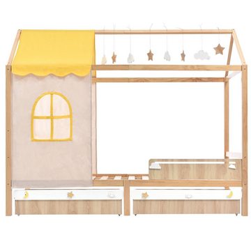 SOFTWEARY Kinderbett Hausbett mit Lattenrost und 2 Schubladen (90x200 cm), Holzbett aus Kieferholz, Einzelbett inkl. Rausfallschutz