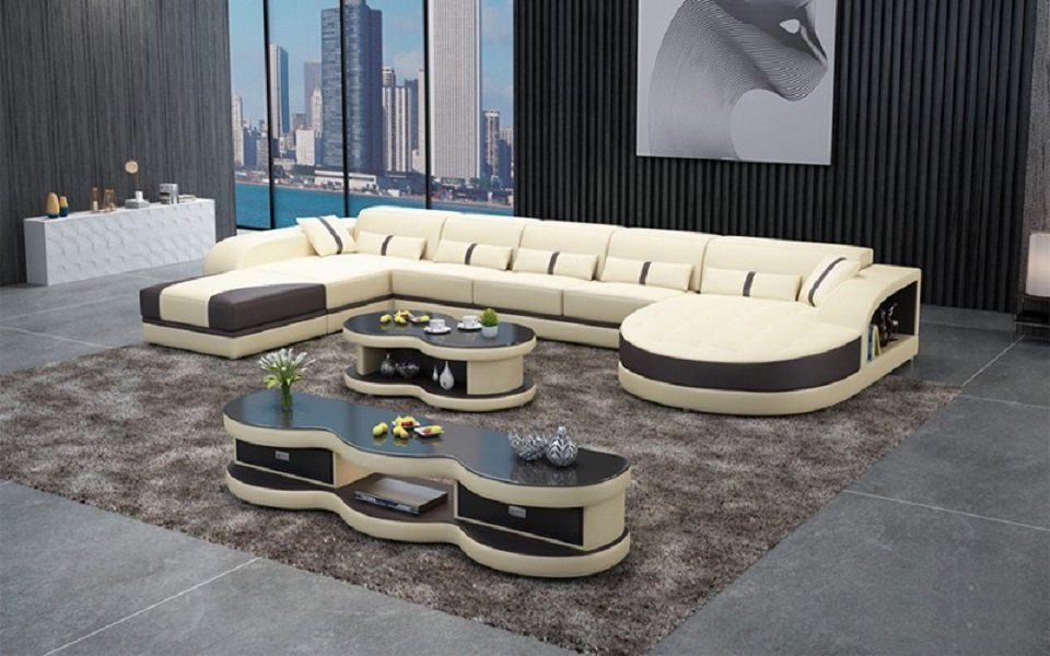 Wohnlandschaft Leder Ecksofa, Sofas Form JVmoebel Sofa U Polster Beige/Braun Design Ecksofa Couch