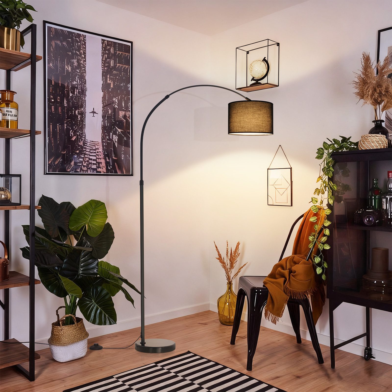 Nettlife Stehlampe Marmorsockel Bogenlampe schwarz Stoffschirm 181cm E27 Eisenständer, ohne Leuchtmittel, für Wohnzimmer Stoffschirm Ø30 cm 181 cm hoch, E27