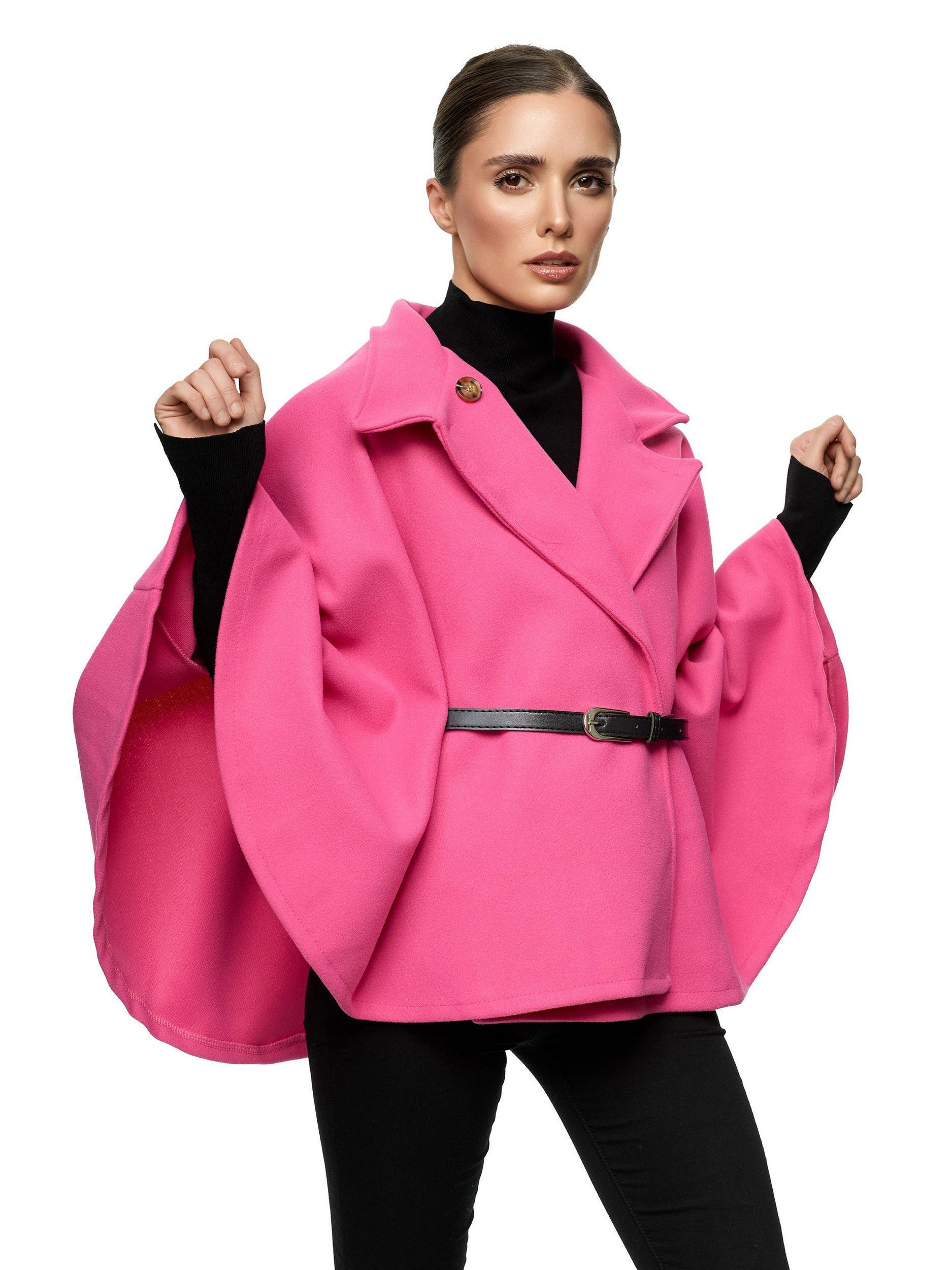 Worldclassca Poncho Worldclassca Poncho Crop Jacke Elegant Umhang Stehkragen mit Gürtel Neue Kollektion - Stilvolle und gemütliche Mode für Damen