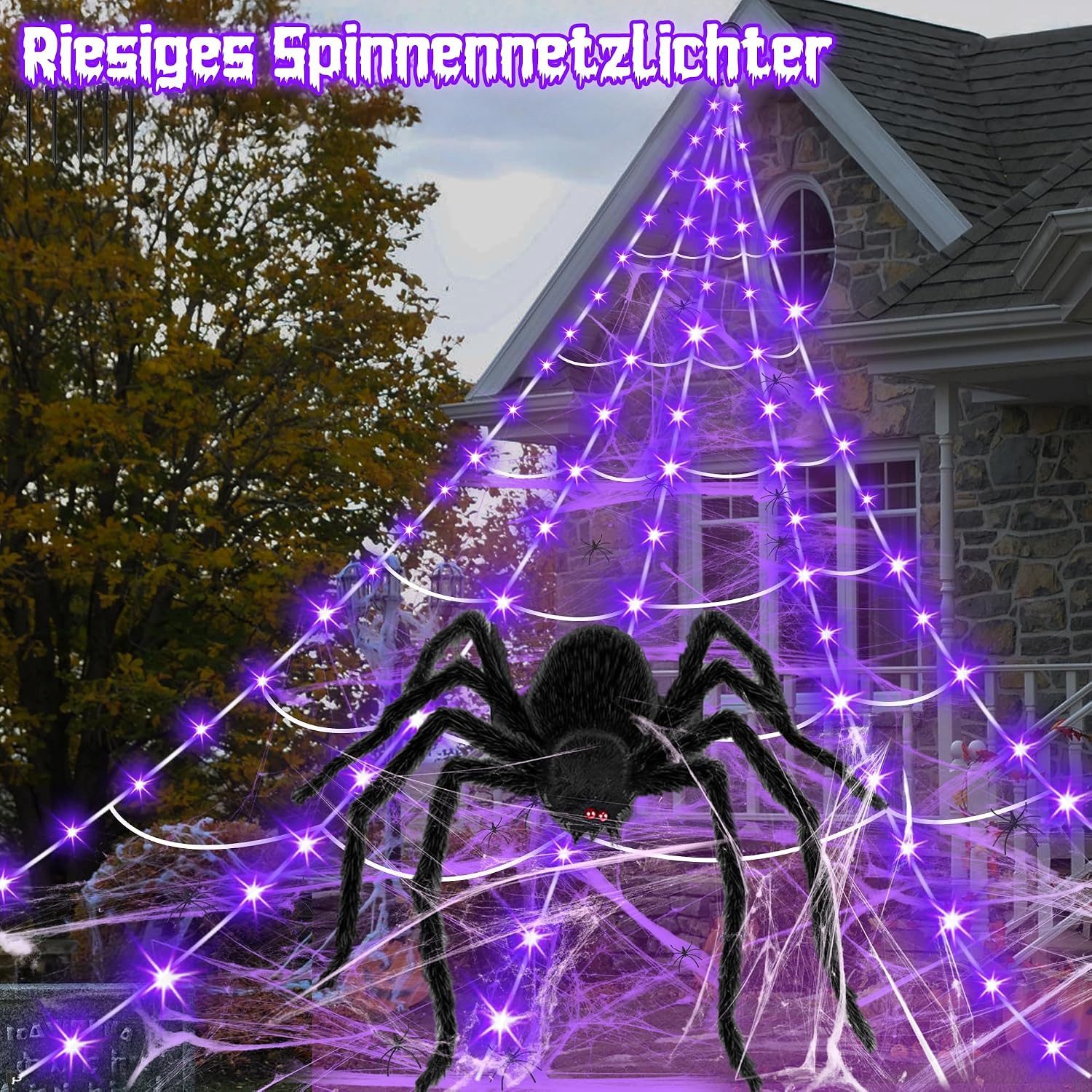 skelo Dekolicht 5M Spinnennetz Halloween Deko Außen, 150 LED mit Fernbedienung & Timer, Dekolicht Halloween, LED fest integriert, Lila Orange, Lila, Riesen Spin – Bild 2 von 5