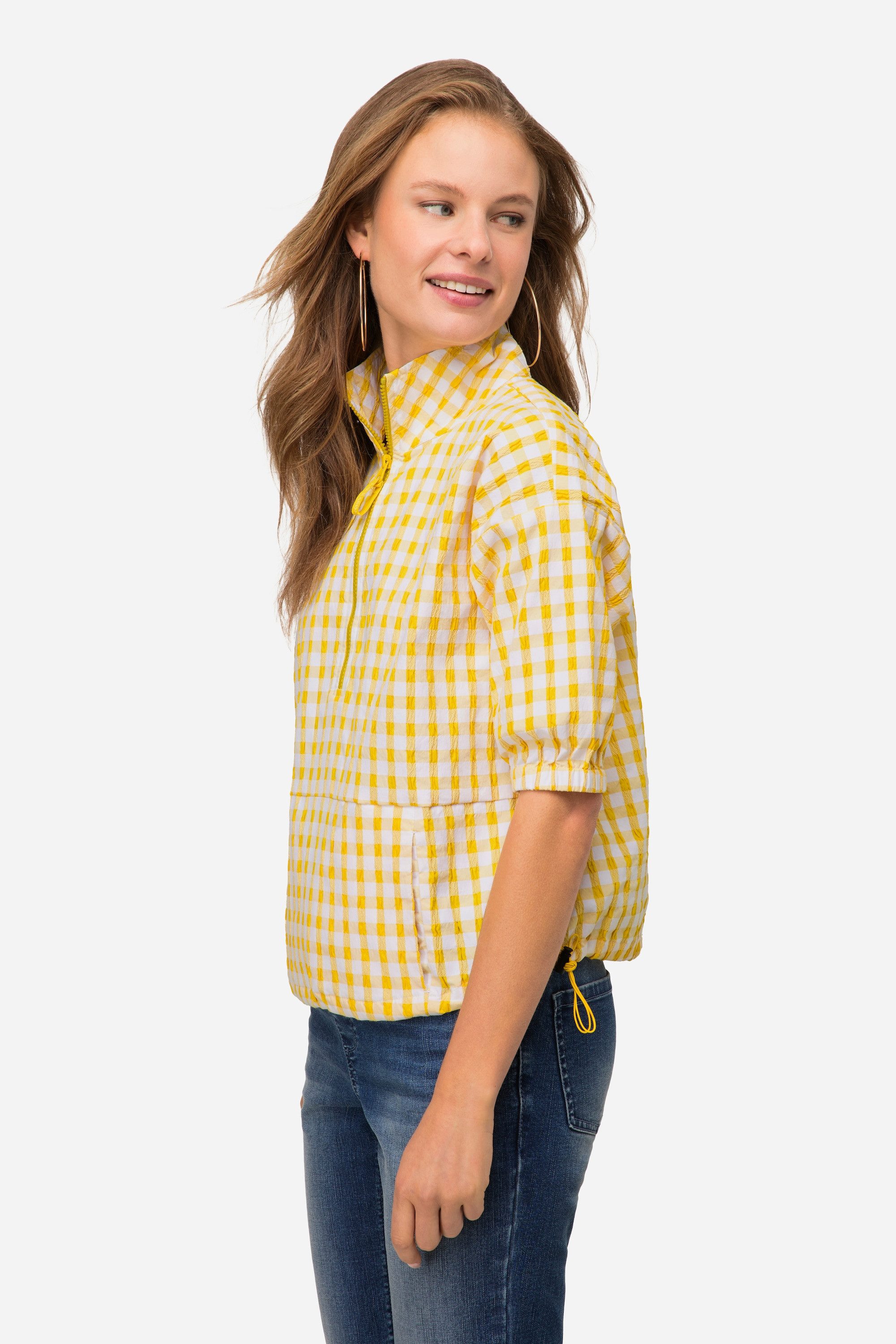 Laurasøn Spitzenbluse Karobluse oversized Seersucker Troyerkragen