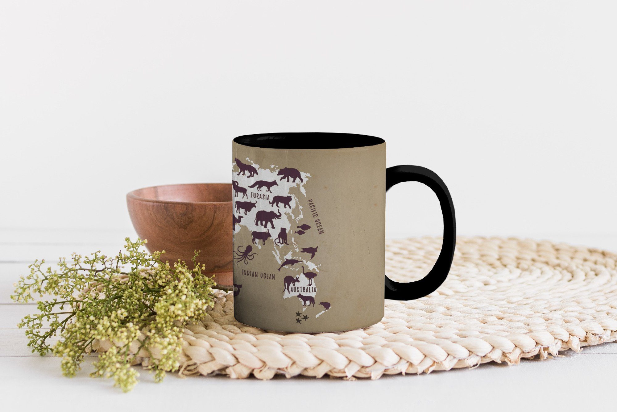 Keramik, Tasse Weltkarte MuchoWow Kaffeetassen, - Geschenk Schatten, Zaubertasse, Farbwechsel, Teetasse, Tiere -