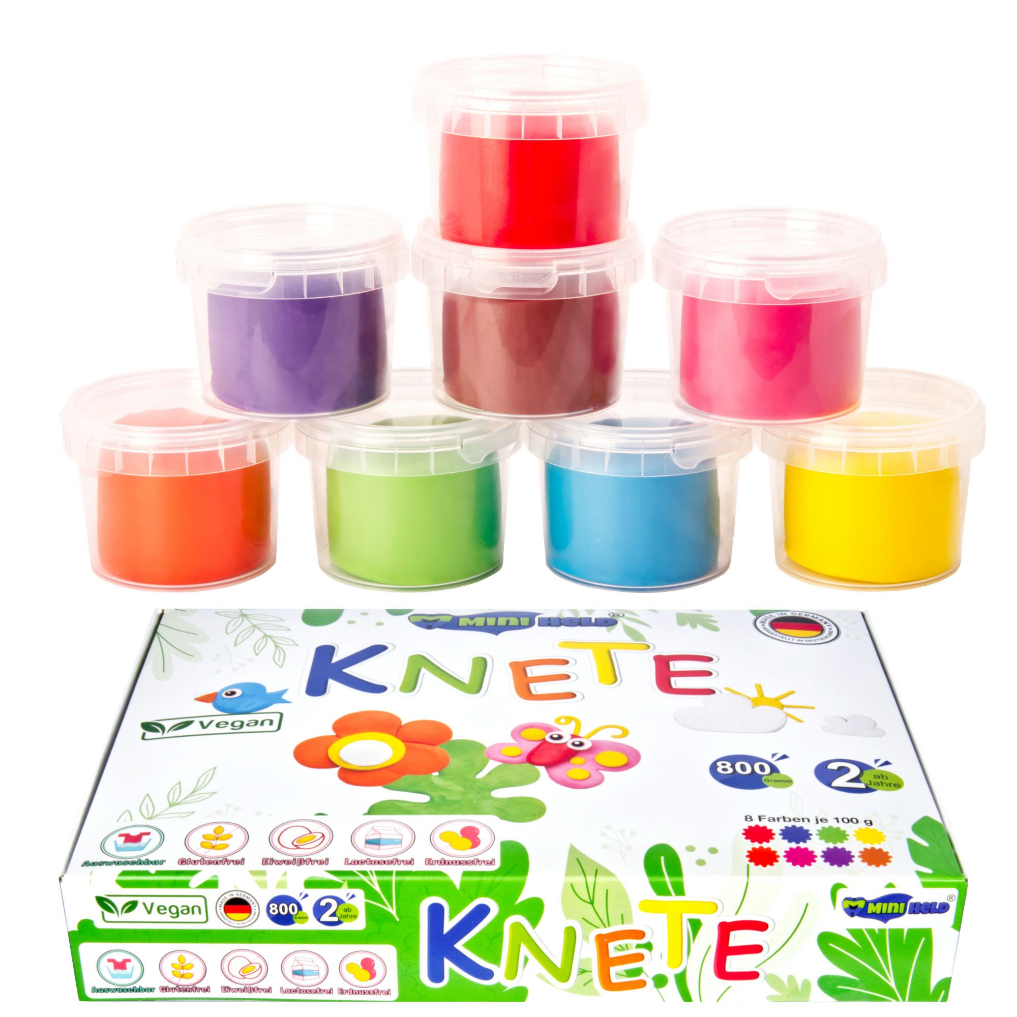 miniHeld Lernspielzeug Knete für Kinder 800g Vegan Knete Set in 8 verschiedenen Farben ab 2J