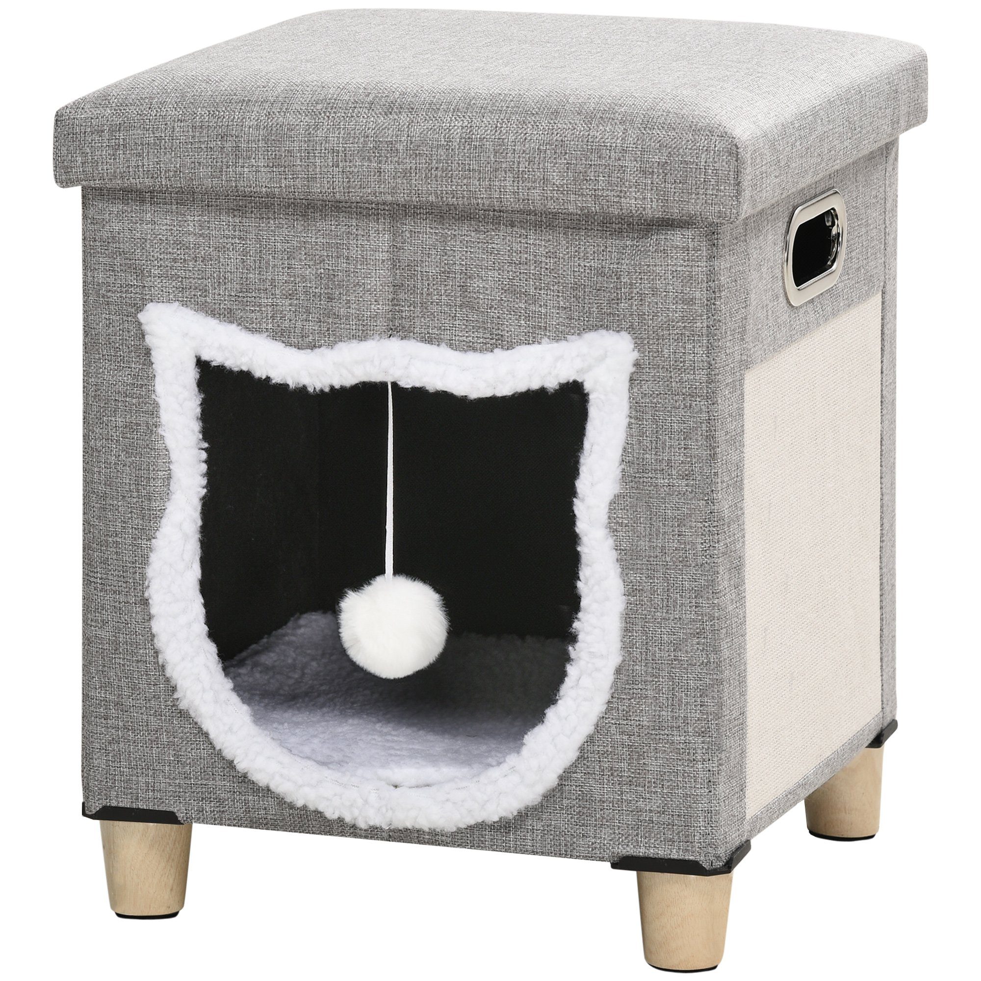 PawHut Katzenhöhle Ottomane mit Kissen und Kratzmatte, Spielball, Anti-Rutsch, grau, Polyester für Katzen   Aosom.de von PawHut