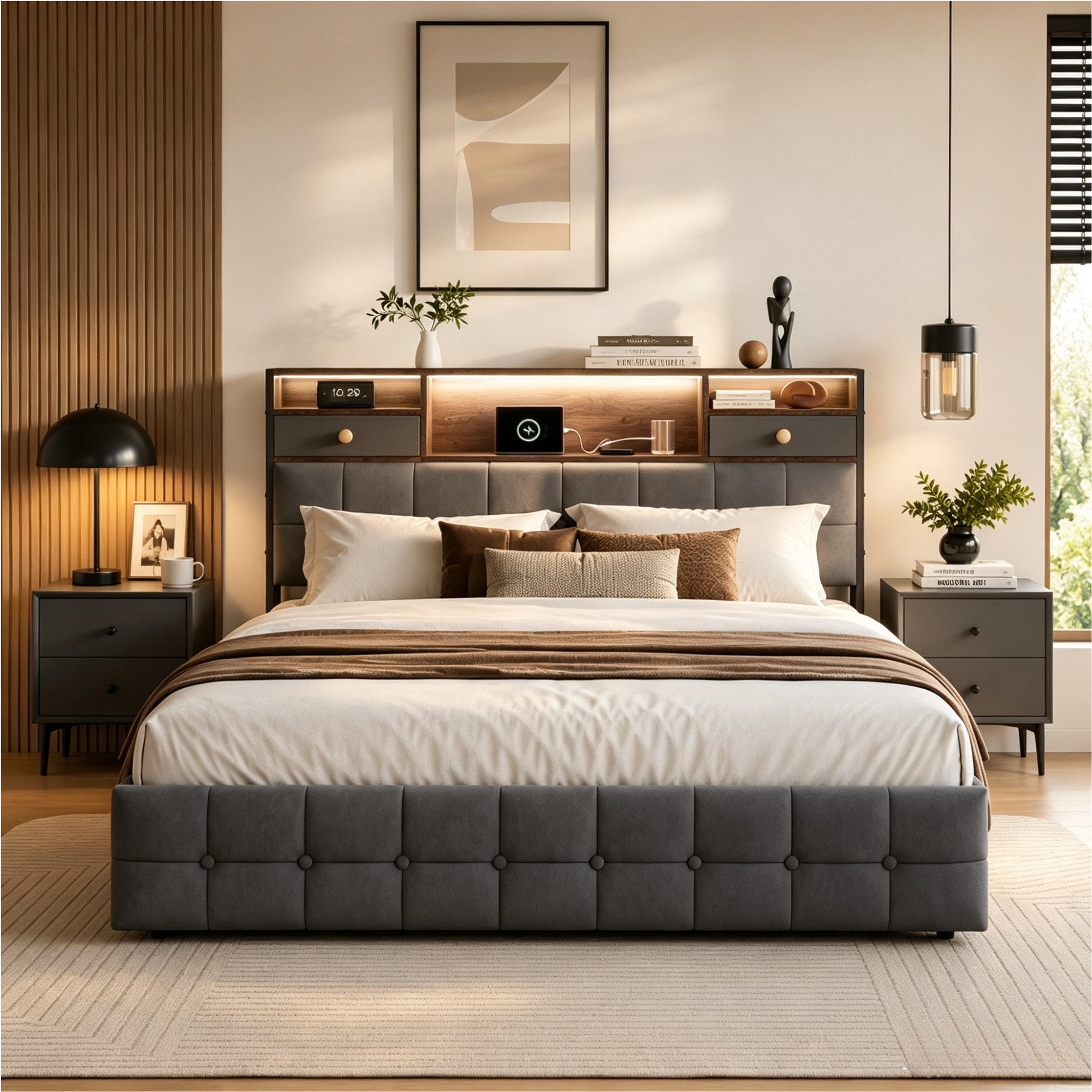 Simurq Polsterbett 140x200cm Stauraumbett mit LED, Ladefunktion und 4 Schubladen (Packung, 1-tlg., Doppelbett Mit Stauraum Kopfteil und Lattenrost), Samt Schubladenbett für Jungen und Mädchen