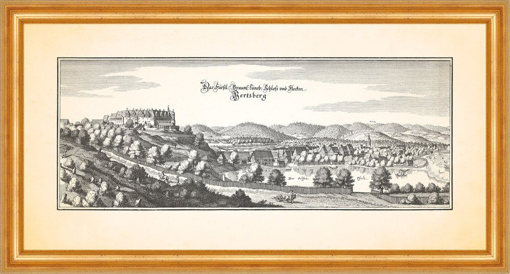 Kunstdruck Schloss und Flecken Hertzberg Harz Ochsenpfuhl Kupferstich Merian 0501