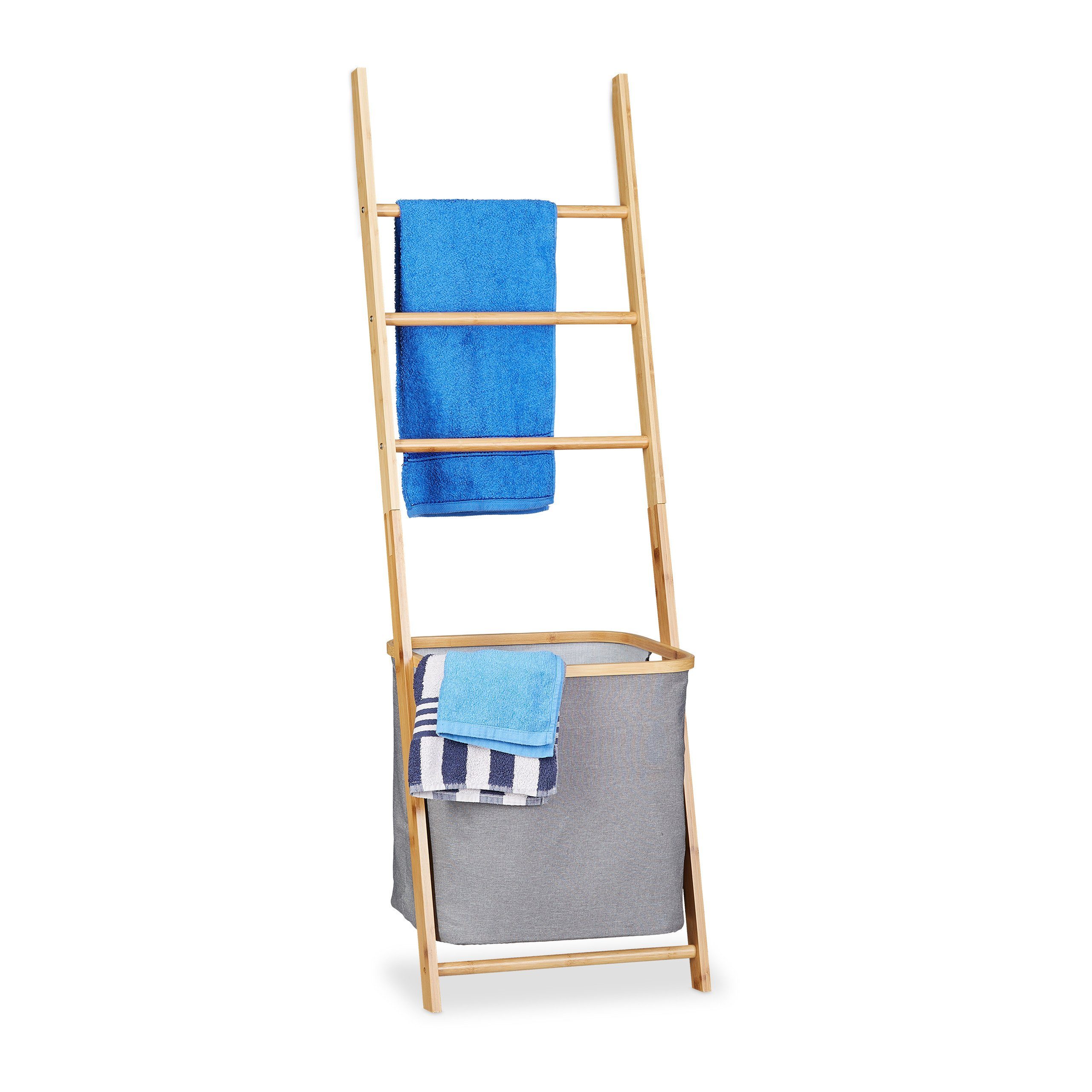 relaxdays Handtuchleiter Handtuchhalter Bambus mit Wäschesack günstig online kaufen