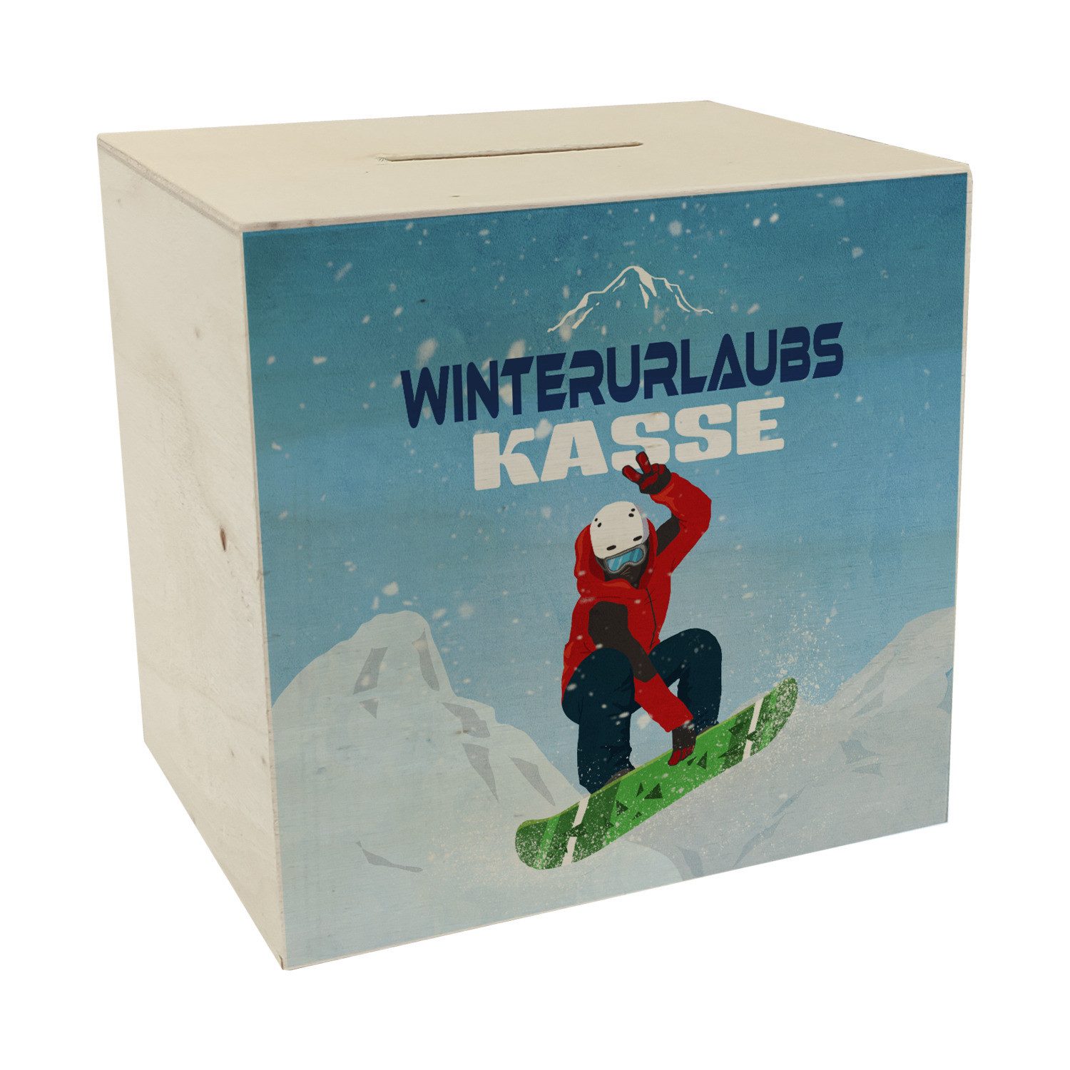 Spardose Winterurlaubskasse Spardose aus Holz mit coolem Snowboarder