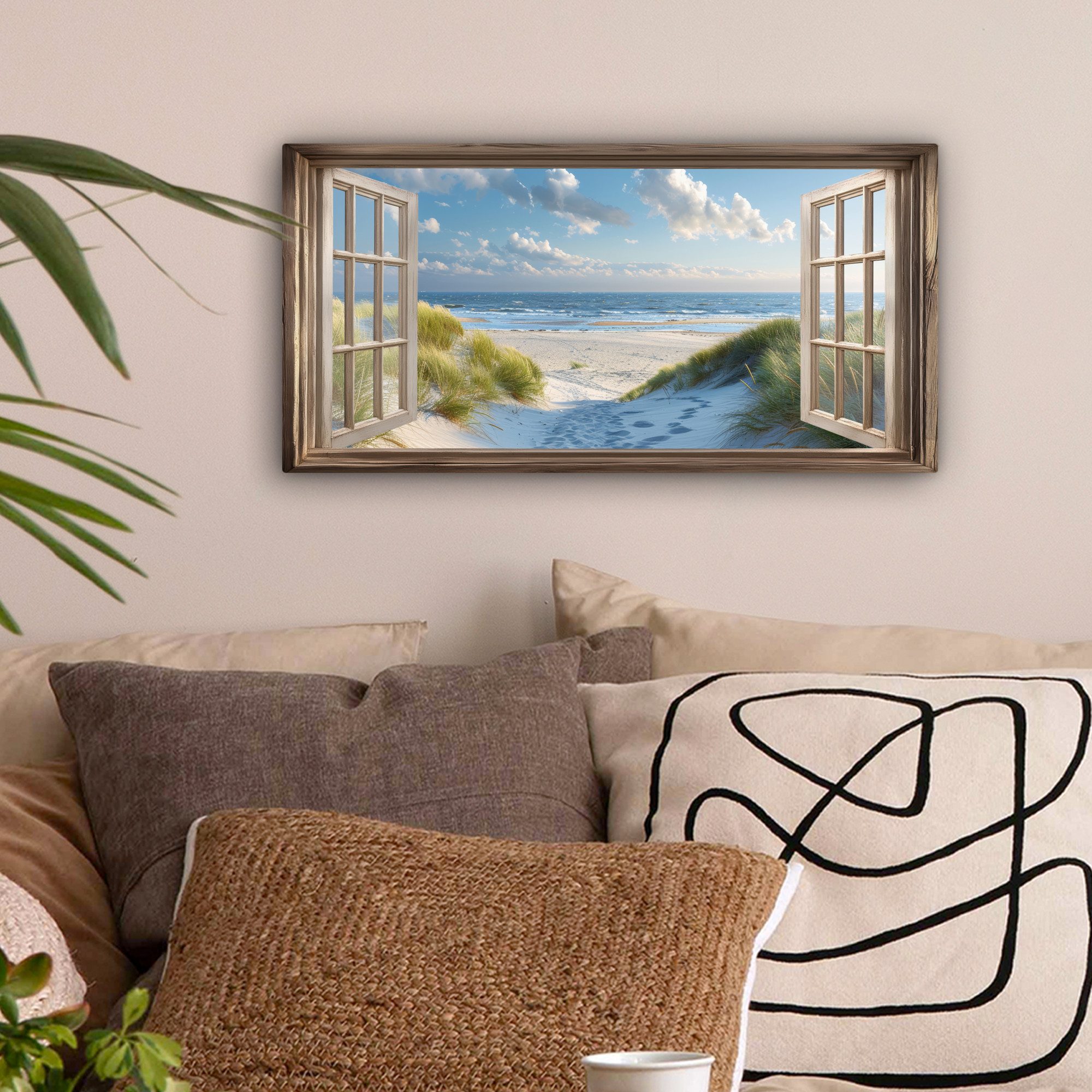 OneMillionCanvasses® Leinwandbild Panorama Aussicht - Strand - Fenster - Dü günstig online kaufen