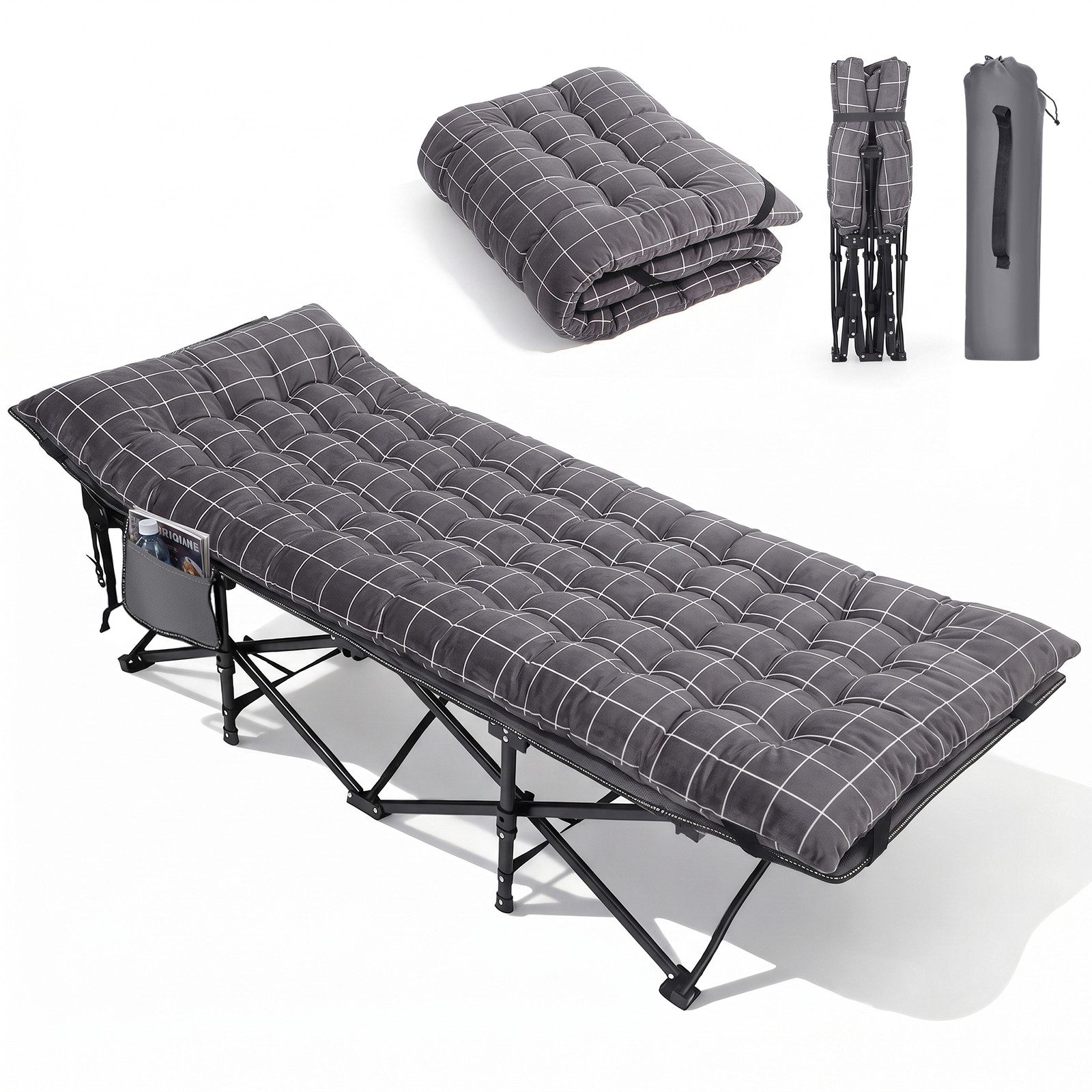 Sekey Feldbett 190cm x 71cm Campingbett Klappbar mit Matratze Gästebett Klappbett Tragbares Campingliege bis 200kg, Kariert, für Outdoor, Indoor, Reisen