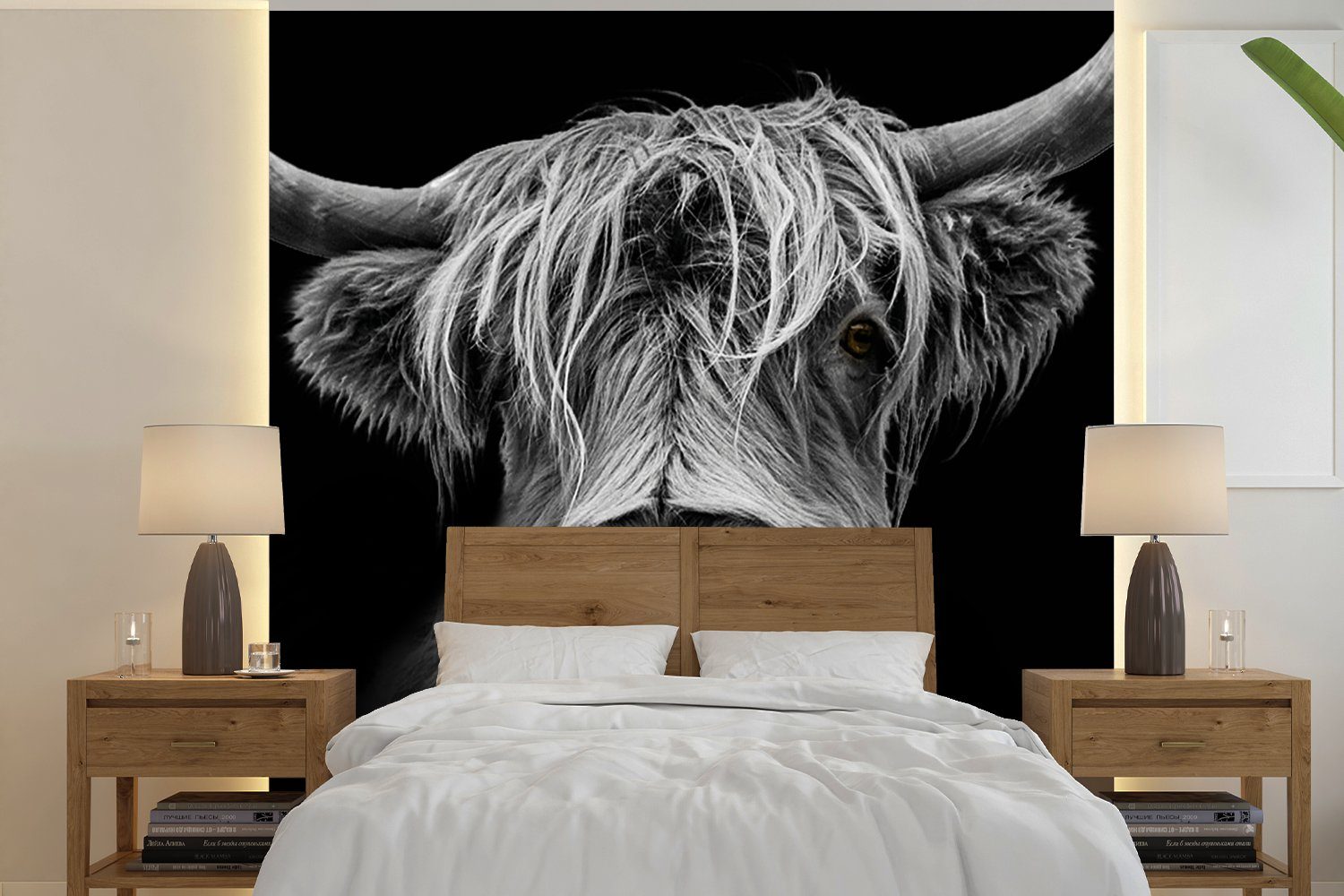 MuchoWow Fototapete Highlander (4 bedruckt, Tiere, Hörner Vliestapete - Wohnzimmer Küche, Schlafzimmer Weiß Fototapete - Schottischer - - St), - Matt, für Wild - Schwarz Kuh
