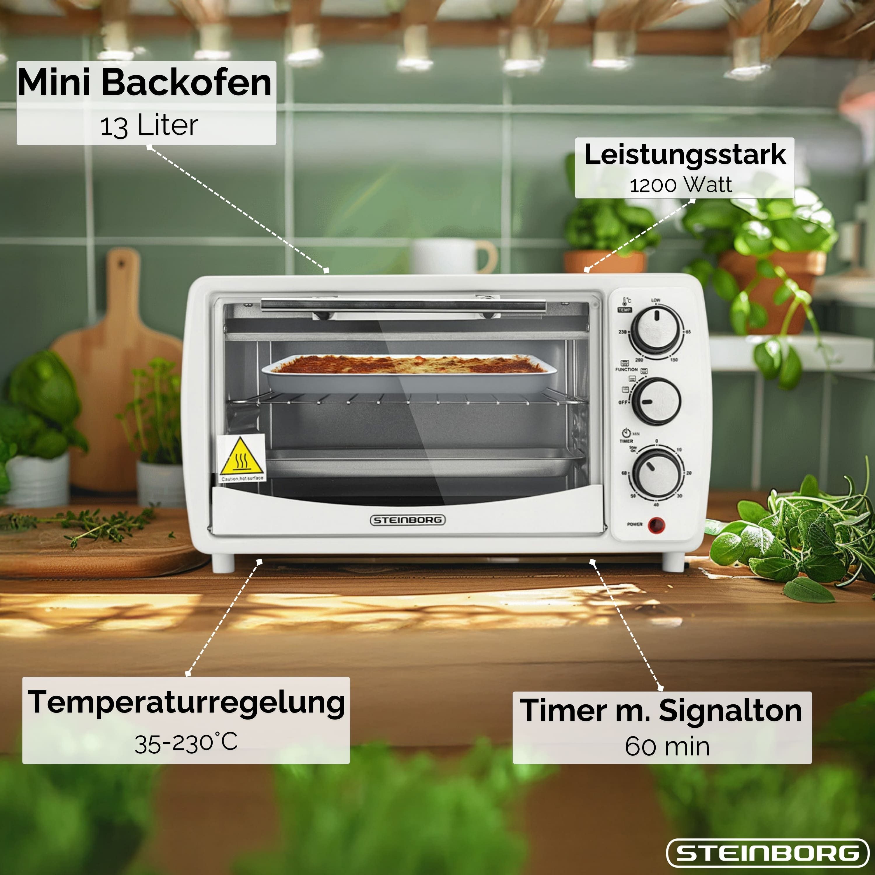 STEINBORG Minibackofen SB-3005w, 13 Liter, Großes Sichtfenster, Hitzebeständiges Gehäuse, 1200 Watt