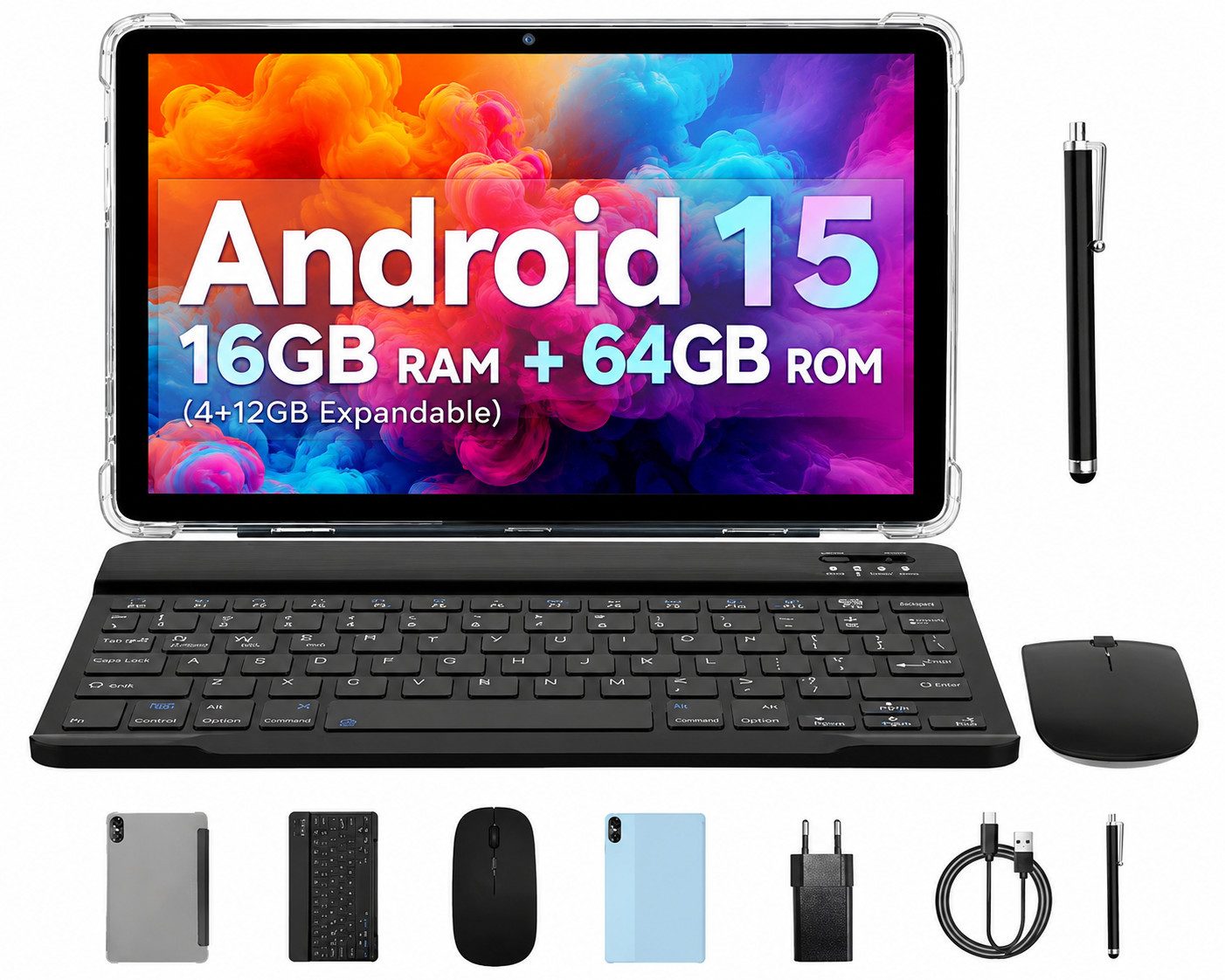 PRITOM 10 Zoll Android 15 Tablet, WiFi 6, mit Tastatur, Maus, Hülle, Hellblau Tablet (Dual-Box-Lautsprecher,6000mAh,64GB)