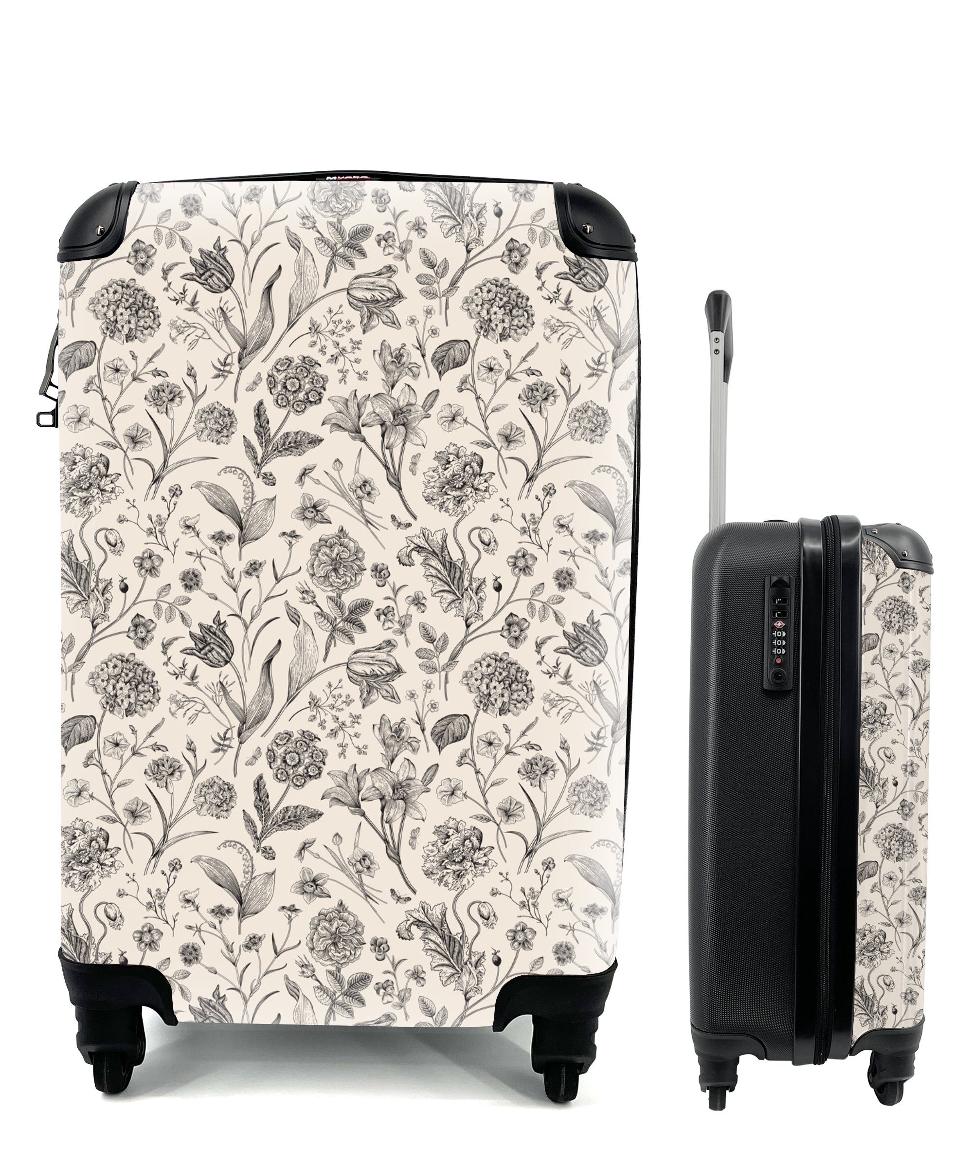 Grau, rollen, Reisetasche - für 4 - Handgepäck MuchoWow Reisekoffer Handgepäckkoffer Ferien, Rollen, mit Muster Trolley, Blumen