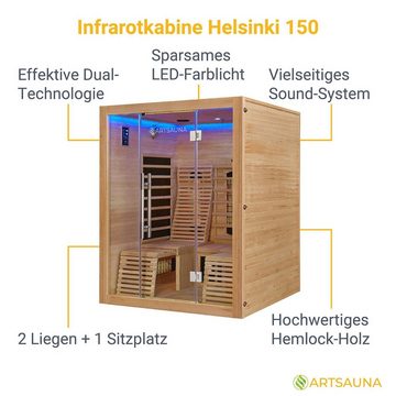Artsauna Infrarotkabine Helsinki150 Dual-Technologie, für 3 Personen, Hemlockholz, HiFi-System, Ionisator, LED-Farblicht