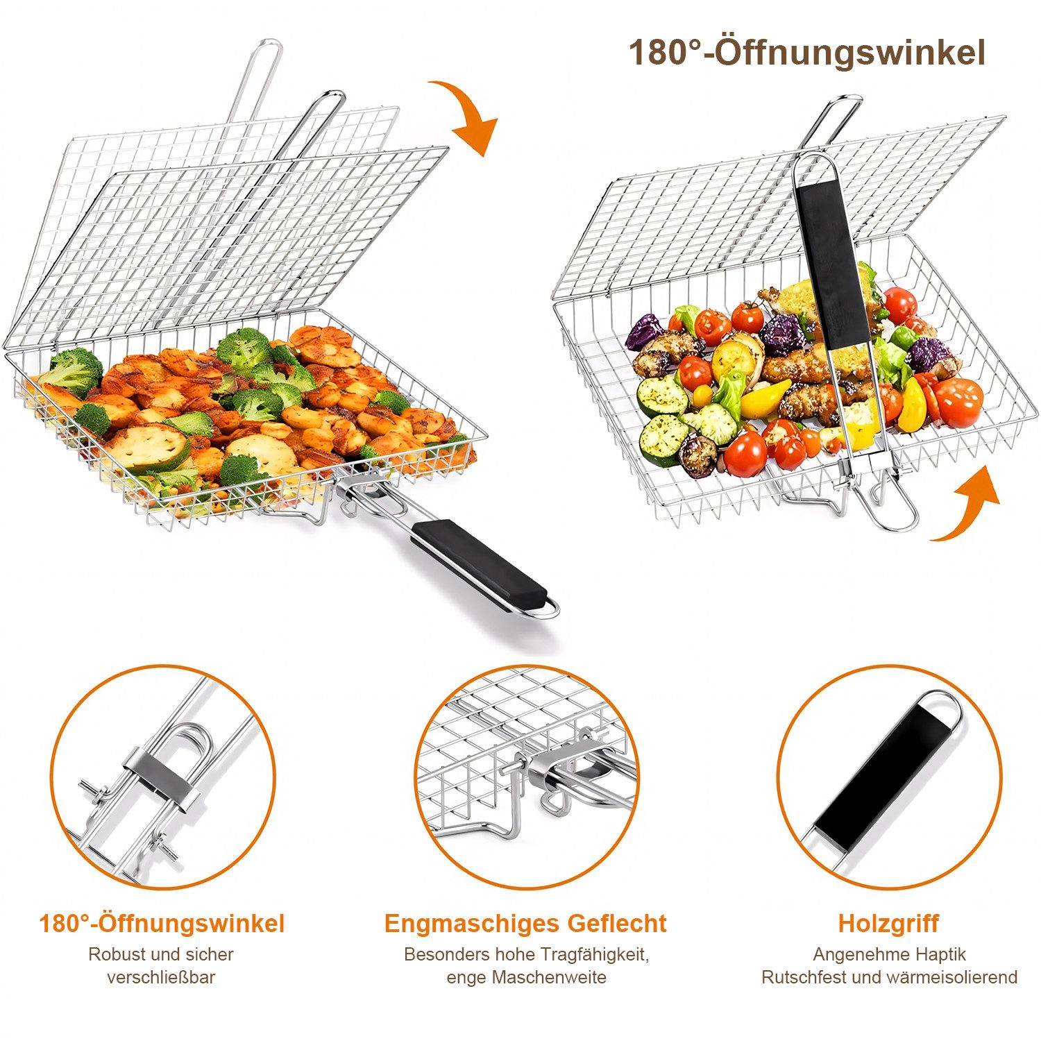 HEYHIPPO Grillrosteinsatz Grillkorb Edelstahl 32×22,5cm, mit 4 Spießen, Bürste, Zange & Tasche, (5-St., Grillkorb Set – mit Zubehör, vielseitig für Fisch, Steak – Bild 4 von 5