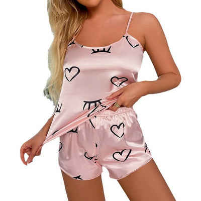 AUKUU Schlafanzug Heißer Heißer Verkauf sexy Satin Straps Pyjamas Set modische Liebe gedruckt Shorts Oberbekleidung Home Wear W0100