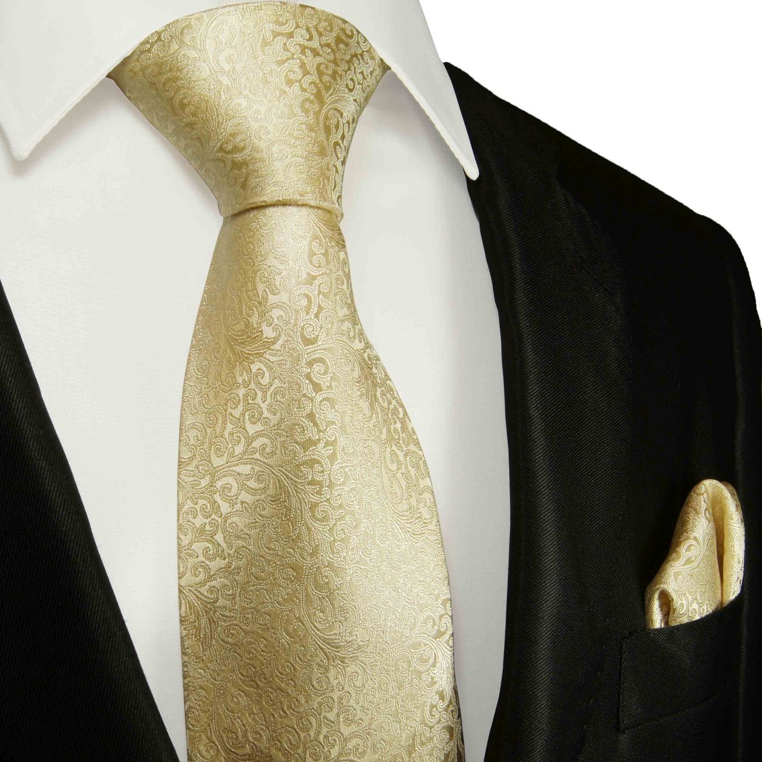 Tuch Krawatte floral 100% Malone mit Schlips creme Seide 2-St., (Set, Paul Hochzeit Schmal Hochzeitskrawatte Herren (6cm), Einstecktuch) Krawatte mit 2096