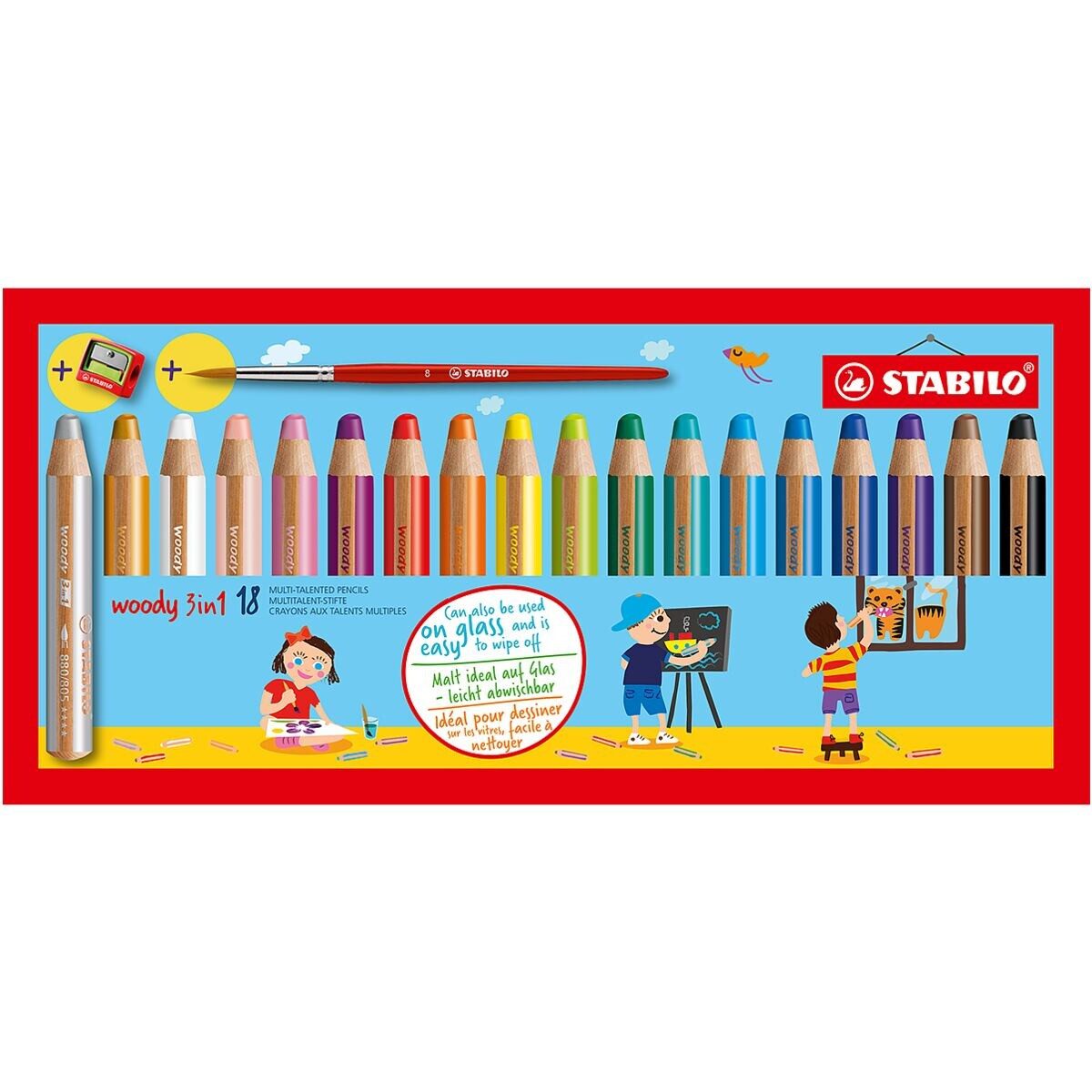STABILO Buntstift woody 3in1, (18-tlg), im Kartonetui inkl. Anspitzer & Pinsel