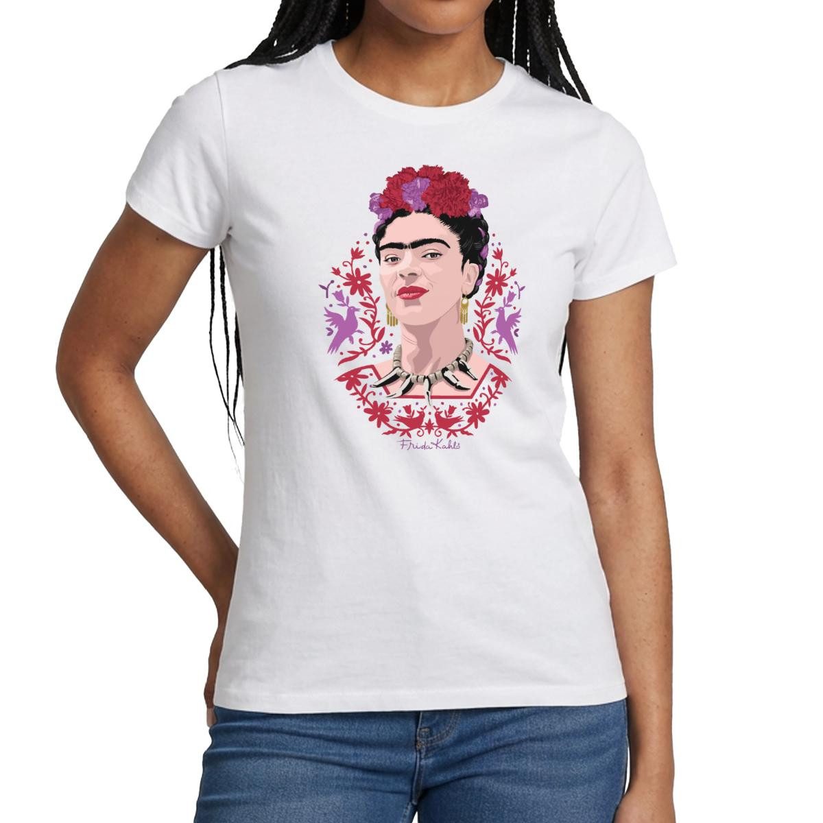 Spreadshirt T-Shirt Frida Kahlo Portrait Mit Blüten Lila Und Rot Frauen T-Shirt (1-tlg) Slim Fit, fällt klein aus
