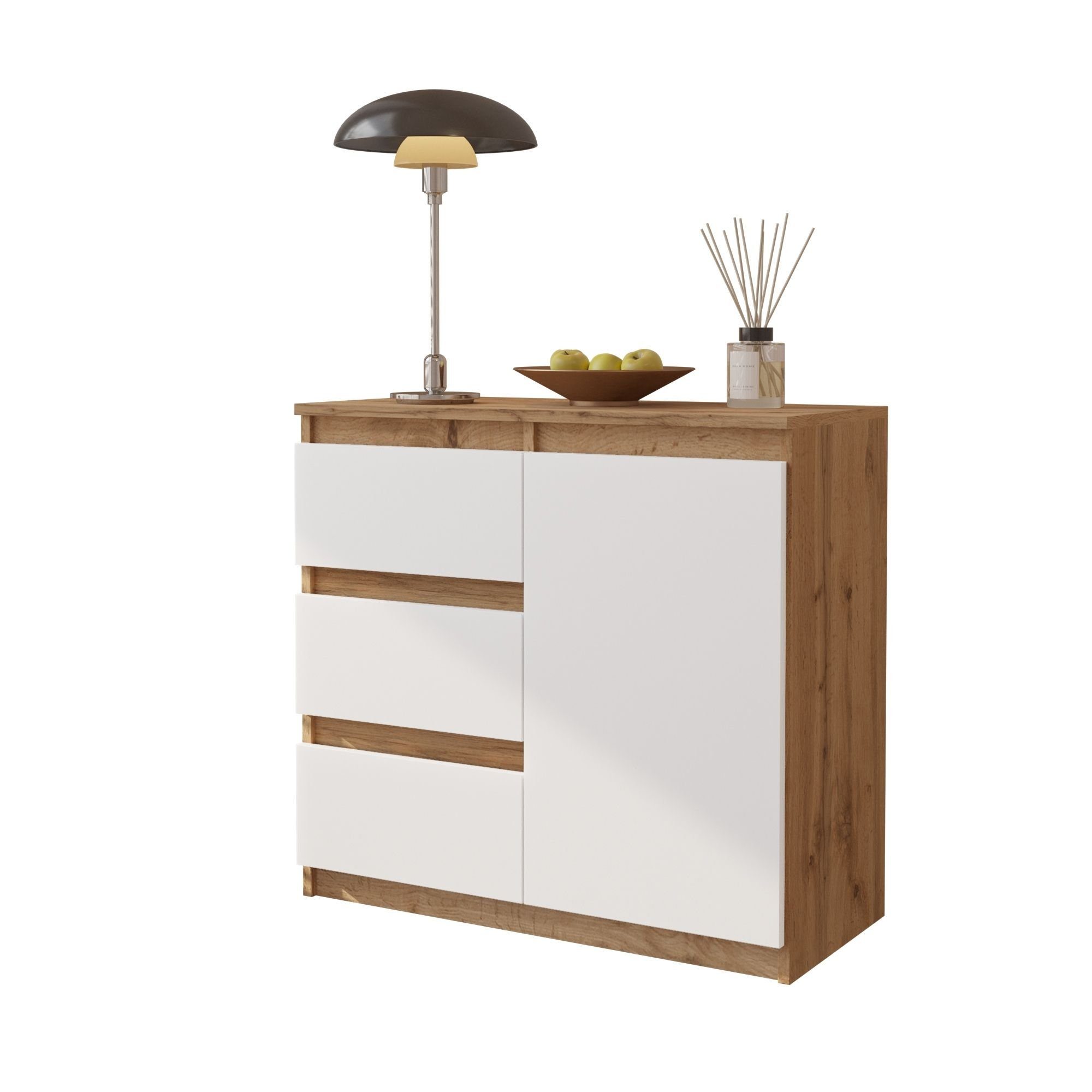 Furnica Kommode MIKEL, 3 Schubladen und 1 Tür - Votan Eiche H75cm B80cm T35cm (1 St)