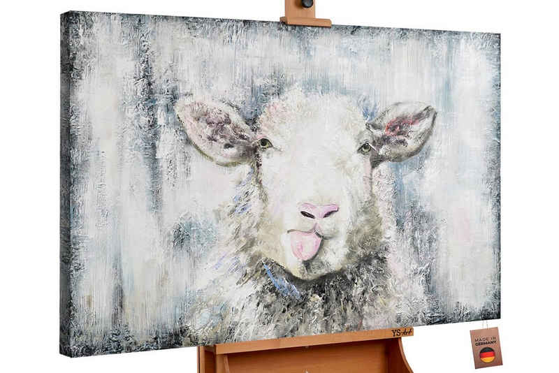 YS-Art Gemälde Glückliches Schaf, Tiere, Leinwand Bild Handgemalt Tier Rosa Blau Schwarz