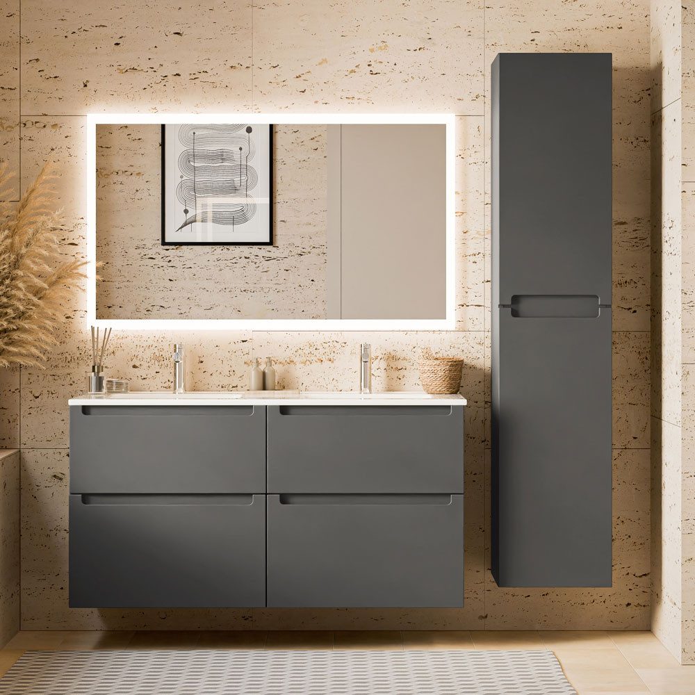 Bernstein Badmöbel-Set VIREO 120cm Anthrazit matt Spiegel Eckig, Badmöbel Set 120cm Doppelwaschbecken Hochschrank LED-Spiegel