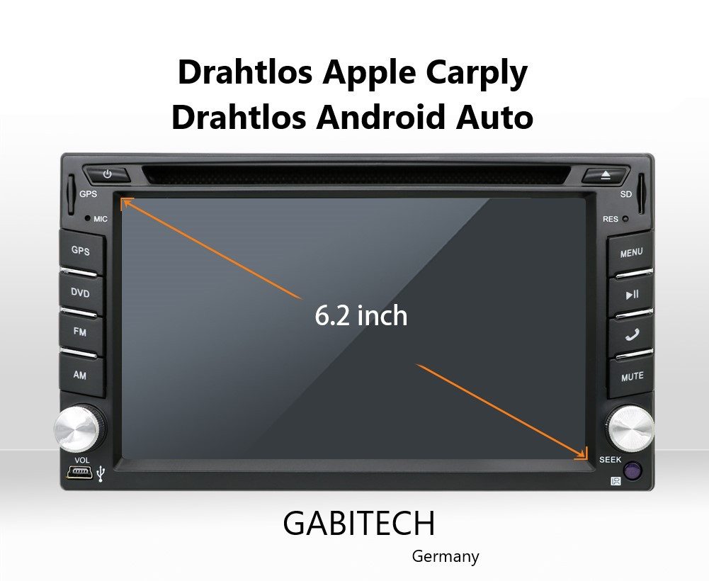 GABITECH 6.2" 2 DIN Android 13 AUTORADIO GPS Navi BT WIFI DVD CARPLAY Einbau-Navigationsgerät (Universal 2 DIN. Drahtlos Carplay unf Android Auto)