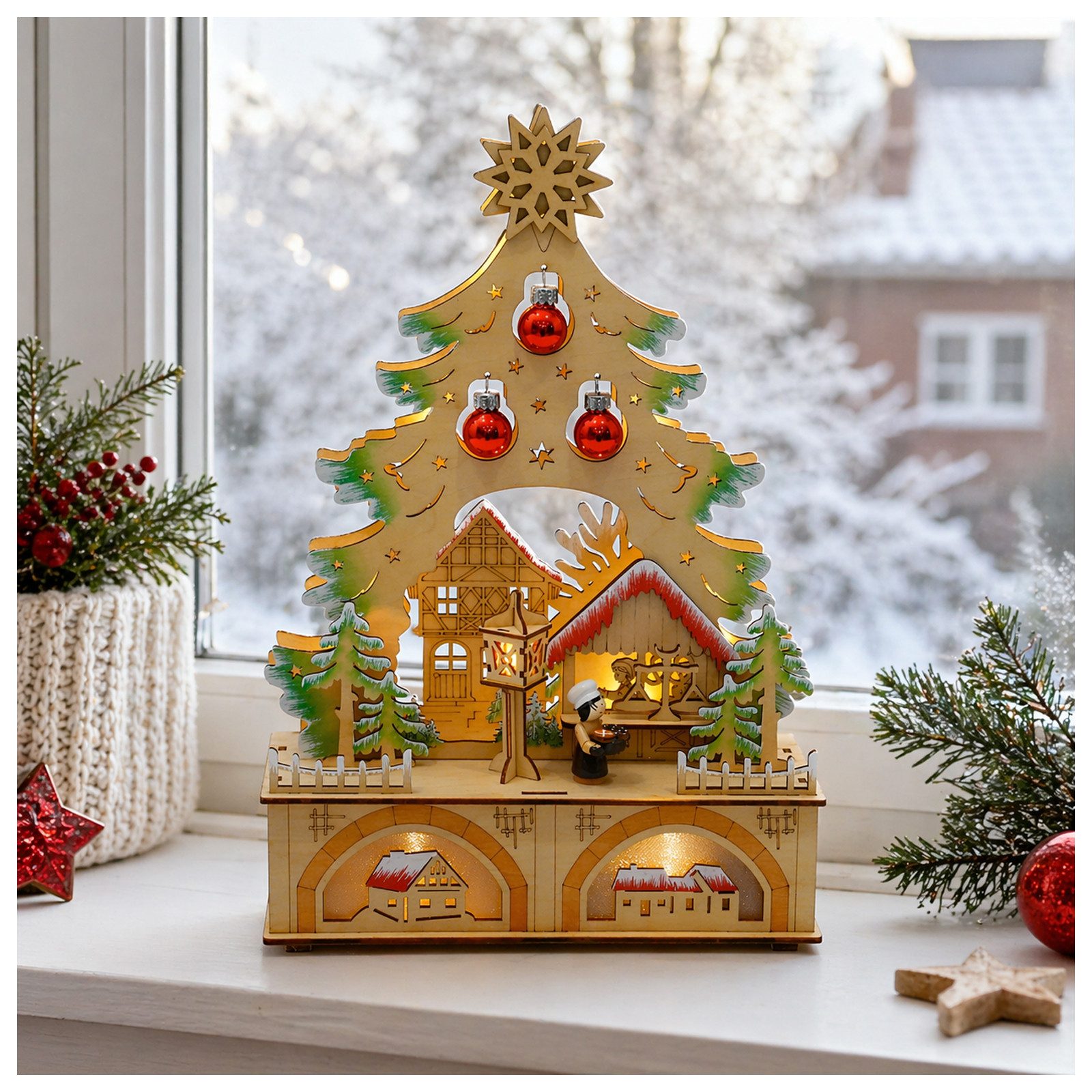 HTI-Living Schwibbogen LED Schwibbogen Weihnachtsbaum mit Kugeln und Weihnachtsbäckerei (1-tlg), Lichterspitze aus Holz, batteriebetrieben