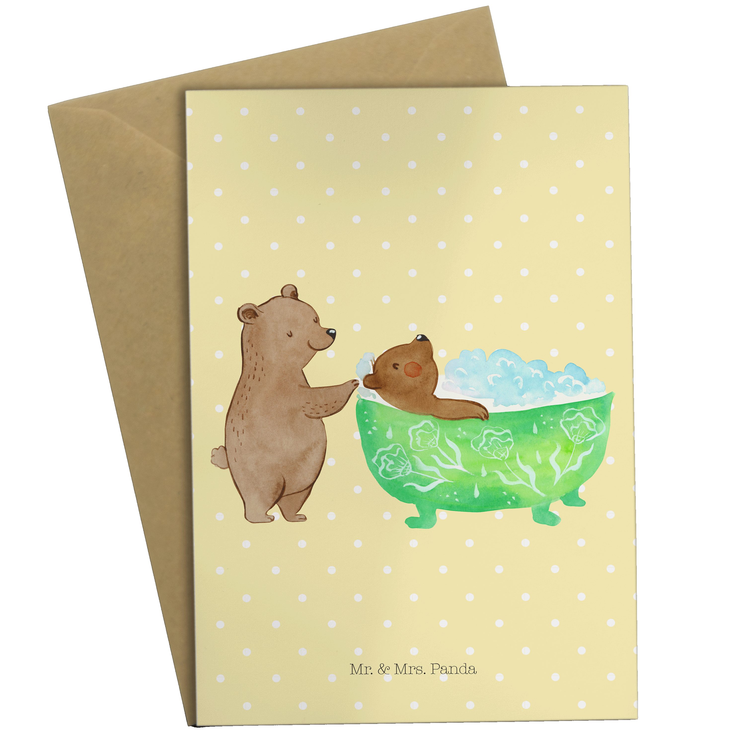 Mr. & Mrs. Panda Grußkarte Oma badet - Gelb Pastell - Geschenk, Liebe, Bären, Einladungskarte, K