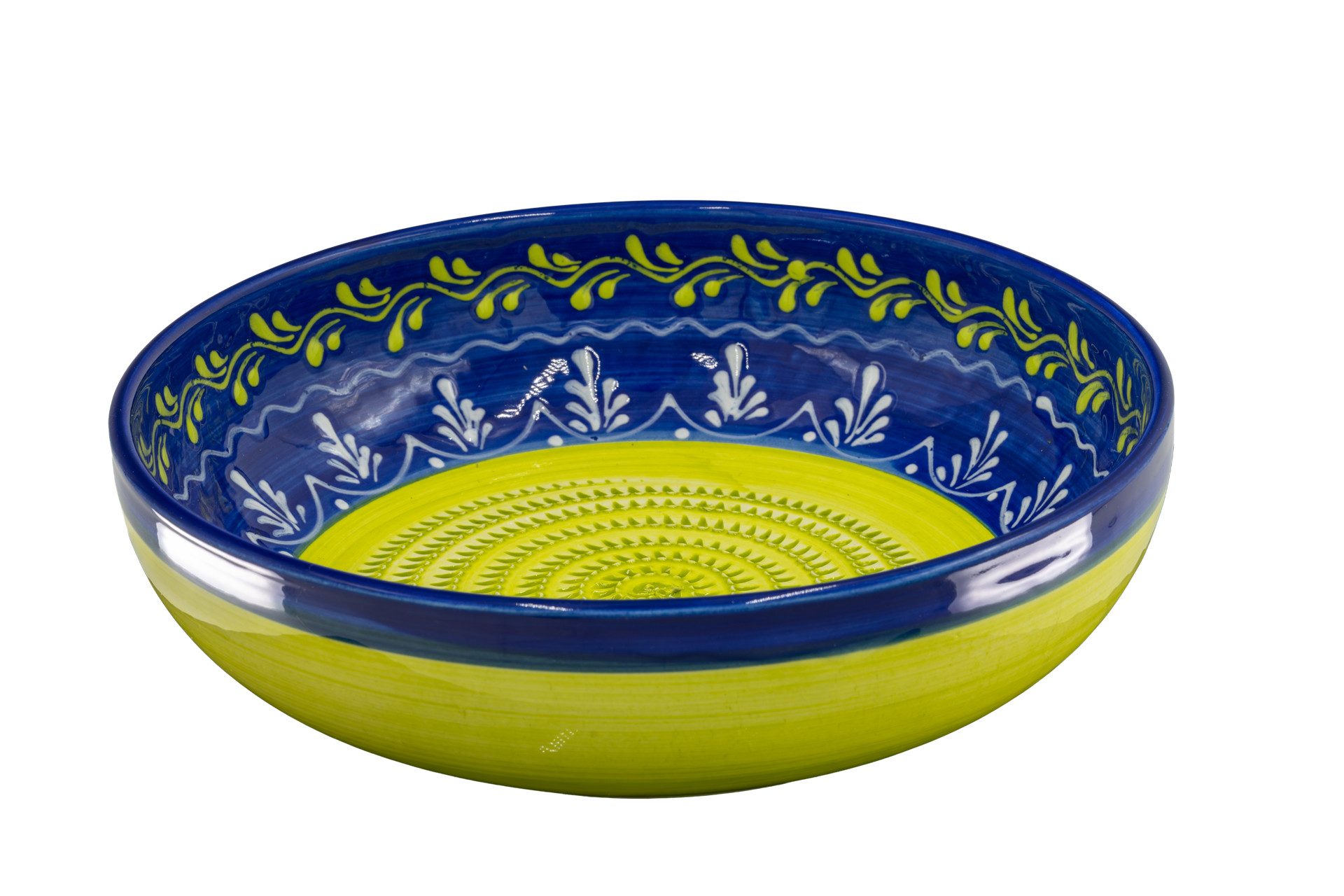 Kaladia Multireibe große Reibeschüssel in Blau mit grün-weißer Verzierung - 27x7 cm, Keramik, funktionale Küchenreibe für Saucen, Dips und mehr - Made in Spain