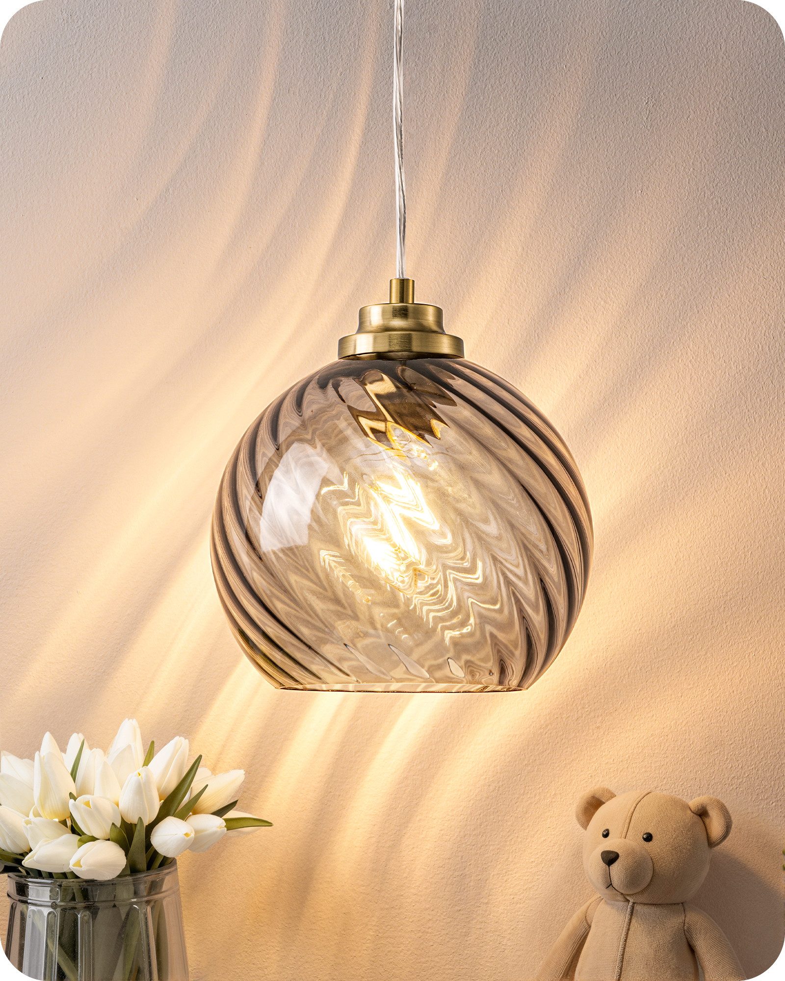 EDISHINE Pendelleuchte für Esstisch, Hängeleuchte mit Glas Lampenschirm, Höhenverstellbar, LED wechselbar, warmweiß, Hängelampe für Kücheninsel, Flur, Rauchgrau Lampenschirm