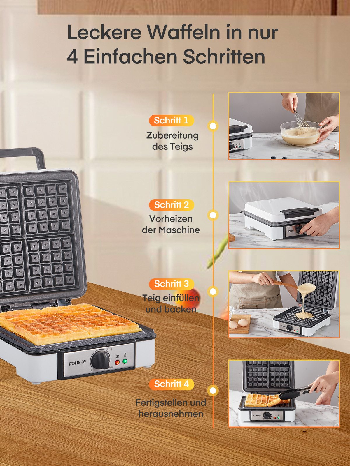 FOHERE Waffeleisen XXL 4er Waffeleisen, Paninigrill, Waffeltoaster mit Elektrogrill, 1200 W, sichere Cool-Touch-Technologie, individuelle Bräunungskontrolle – Bild 3 von 5