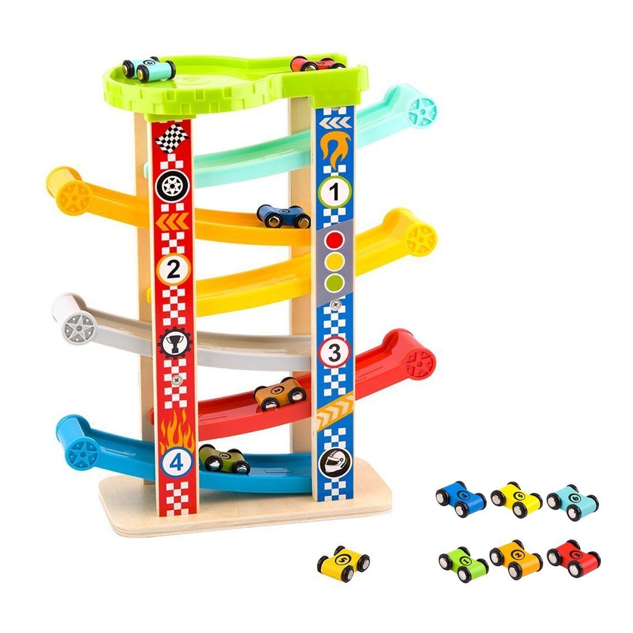 Tooky Toy Spielzeug-Auto Holzturm-Rennbahn TY841, Rutschturm auf 7 Ebenen, 6 Rennautos