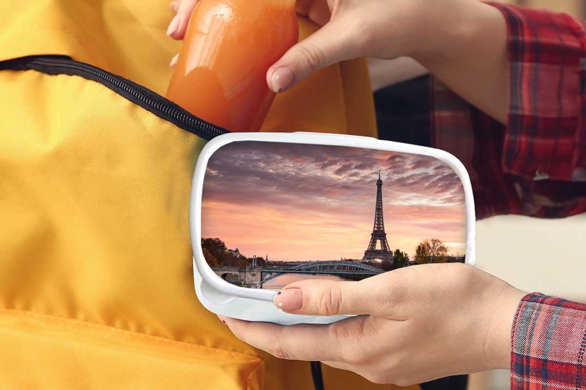 (2-tlg), Erwachsene, über und Brotdose, Ein für MuchoWow orangefarbener Kunststoff, Paris, weiß in Lunchbox Kinder Himmel Eiffelturm und wunderschöner Jungs Mädchen für Brotbox dem