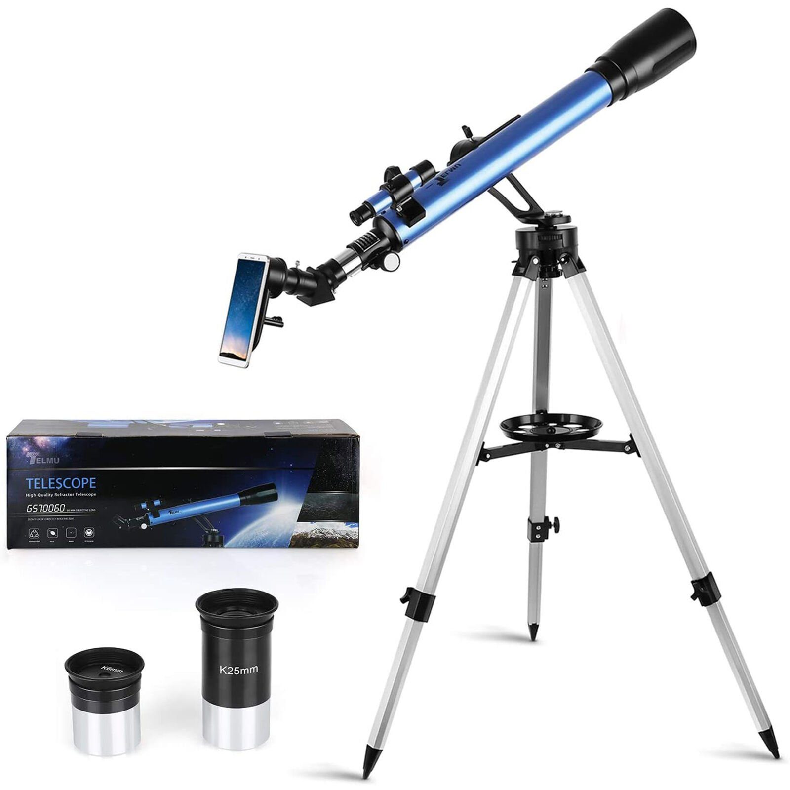 TELMU Teleskop G570060 Refraktor Astronomisches Teleskop 60/700, mit Stativ, Smartphone Halterung, für Einsteiger