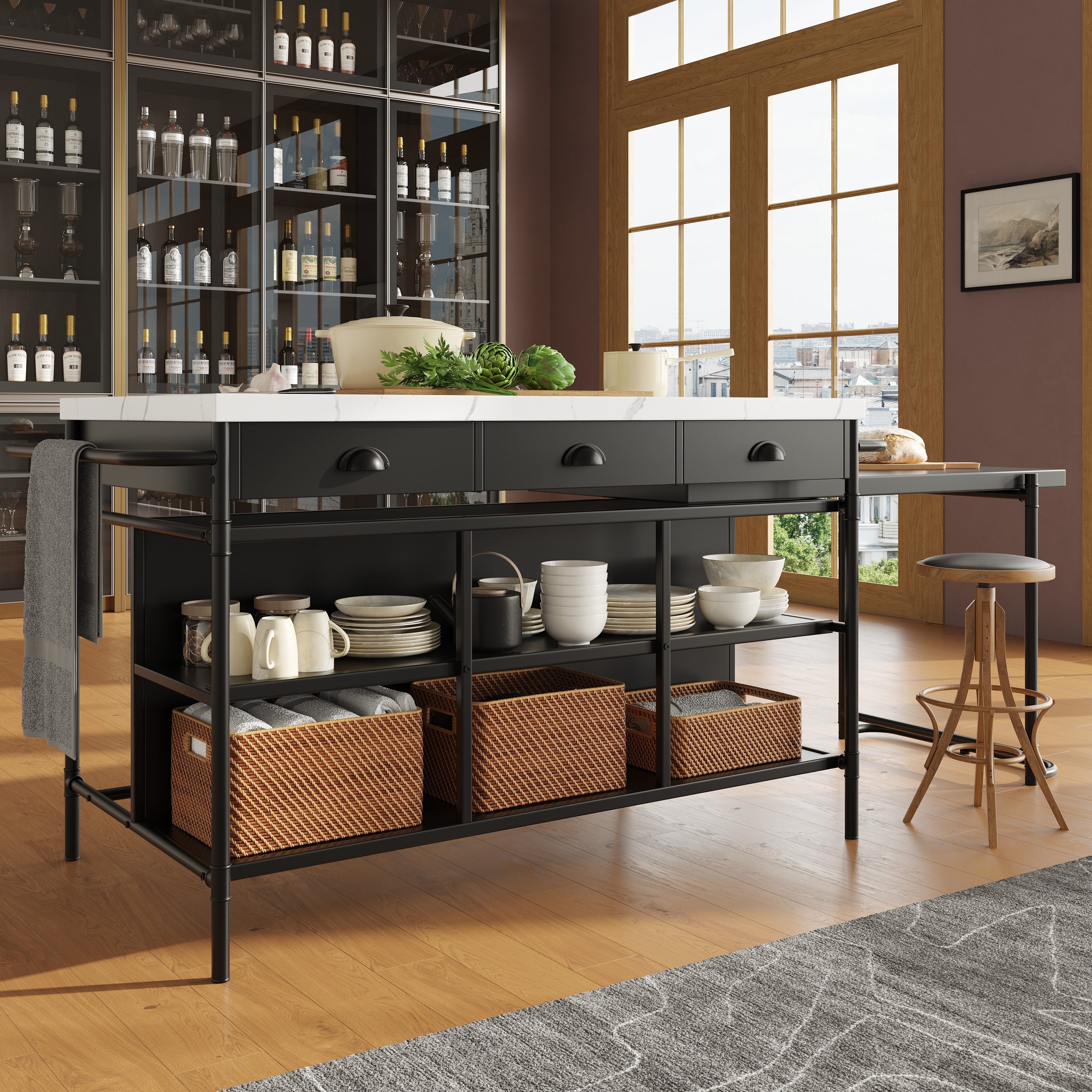 Flieks Kücheninsel 130x74x90 cm Küchenschrank schwarz, (erweiterbare Arbeitsplatte in drei Längen 52,5/72,5/92,5 cm), ausziehbarer Küchenregal mit Kunstmarmorplatte und 3 Schubladen
