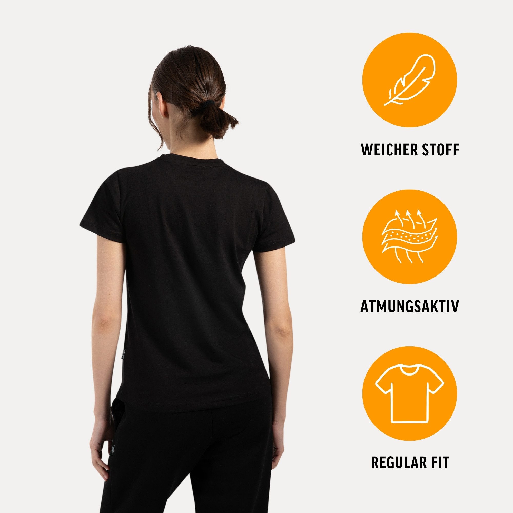 Smilodox T-Shirt Laurena, Schlichtes Shirt, graviertes Metallabel, Weiches Material Kurzarmshirt mit modernem Detail Alltag Freizeit Sport