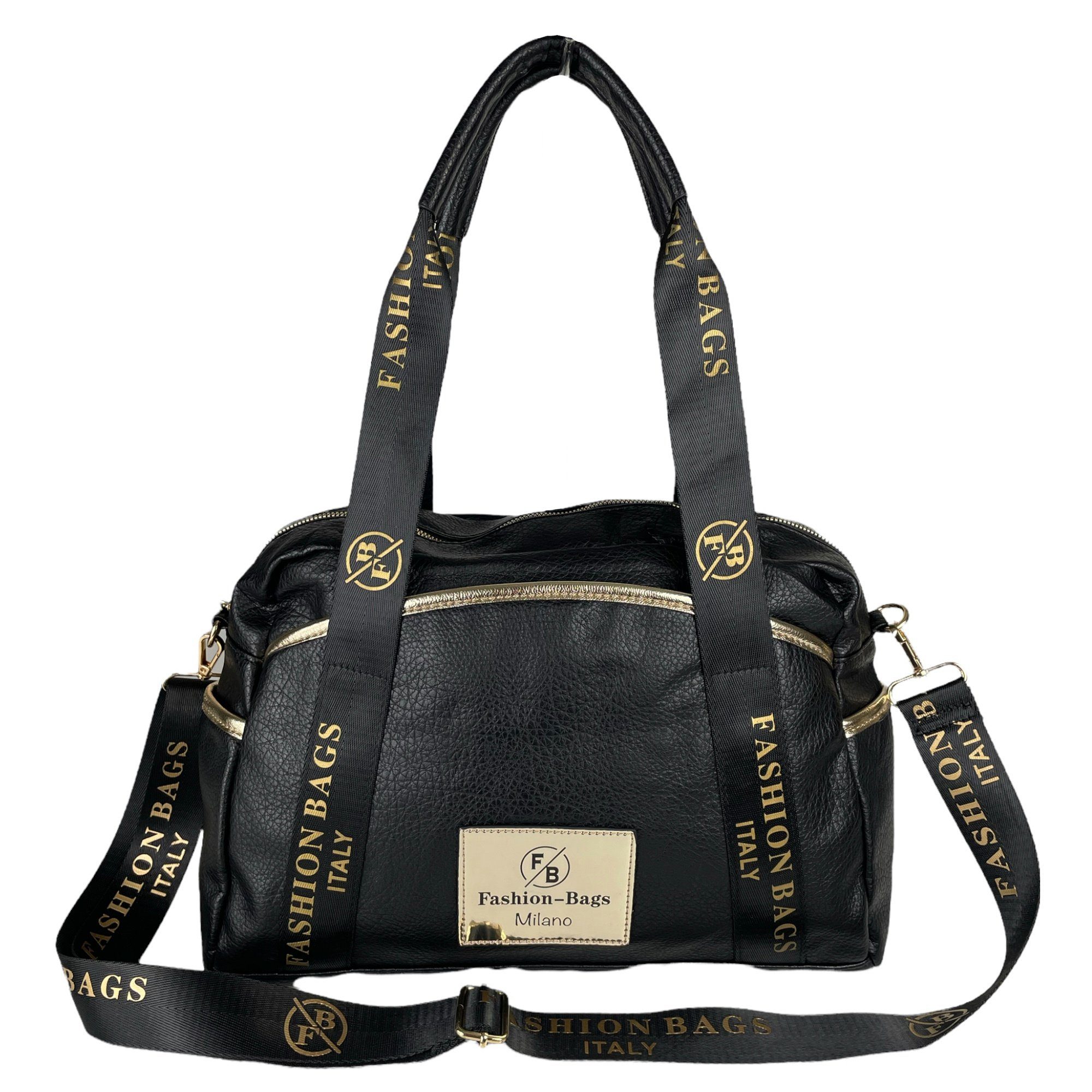 Taschen4life Handtasche moderne Damen Schultertasche T67629, Farbe schwarz / gold // lange Tragehenkel, abnembarer Schulterriemen