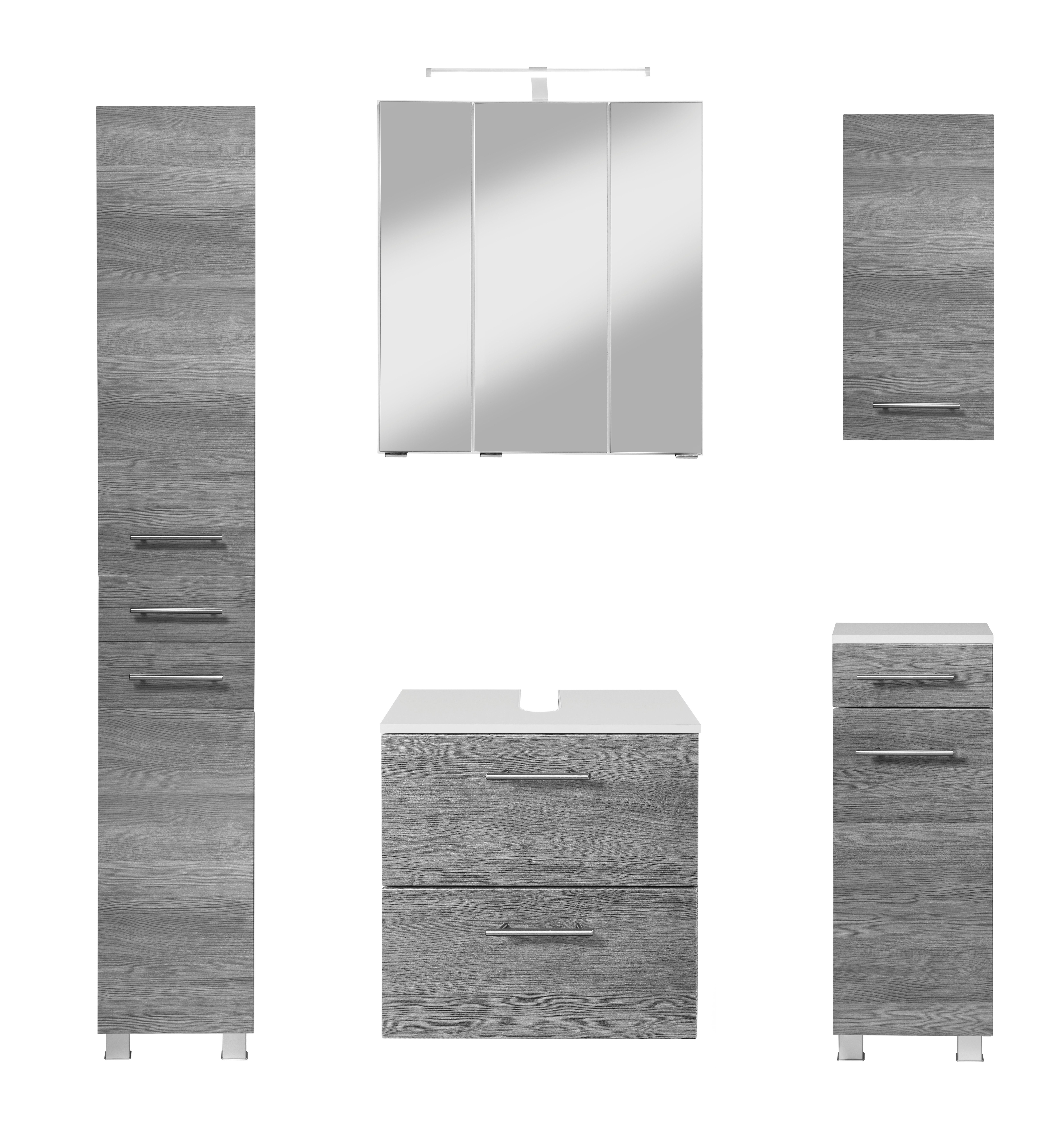 welltime Badmöbel-Set "Trento", Badezimmer-Set, Hängeschrank, Unterschrank, Hochschrank, (5-St), Waschbeckenunterschrank, Spiegelschrank inkl. Aufbauleuchte