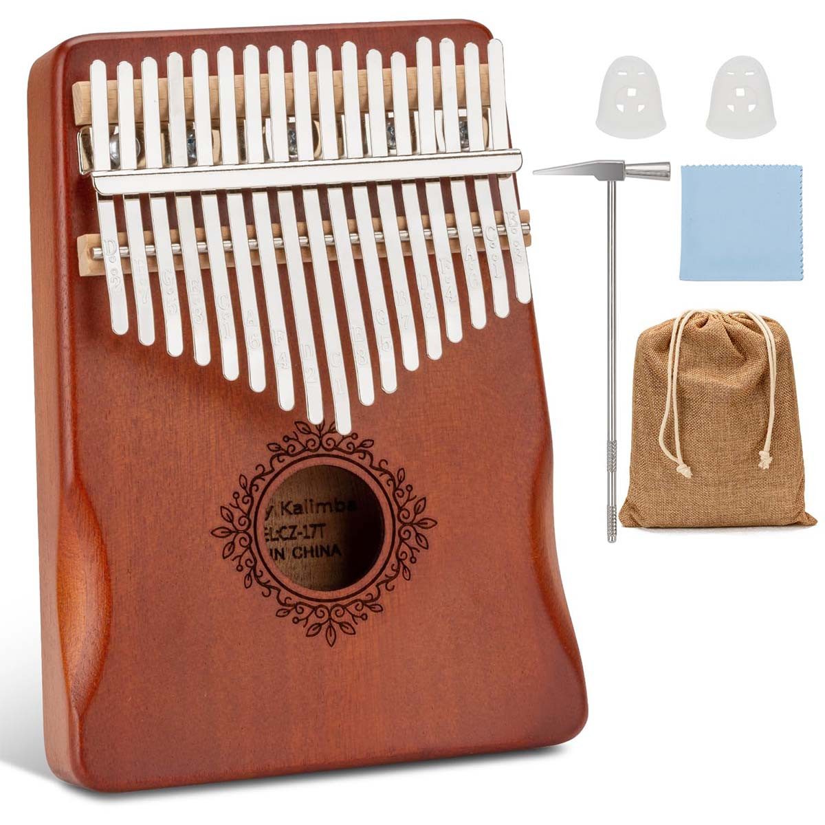 Schlagzeug Kalimba 17 Schlüssel, Daumenklavier inkl. Stimmhammer & Lernwerkzeuge