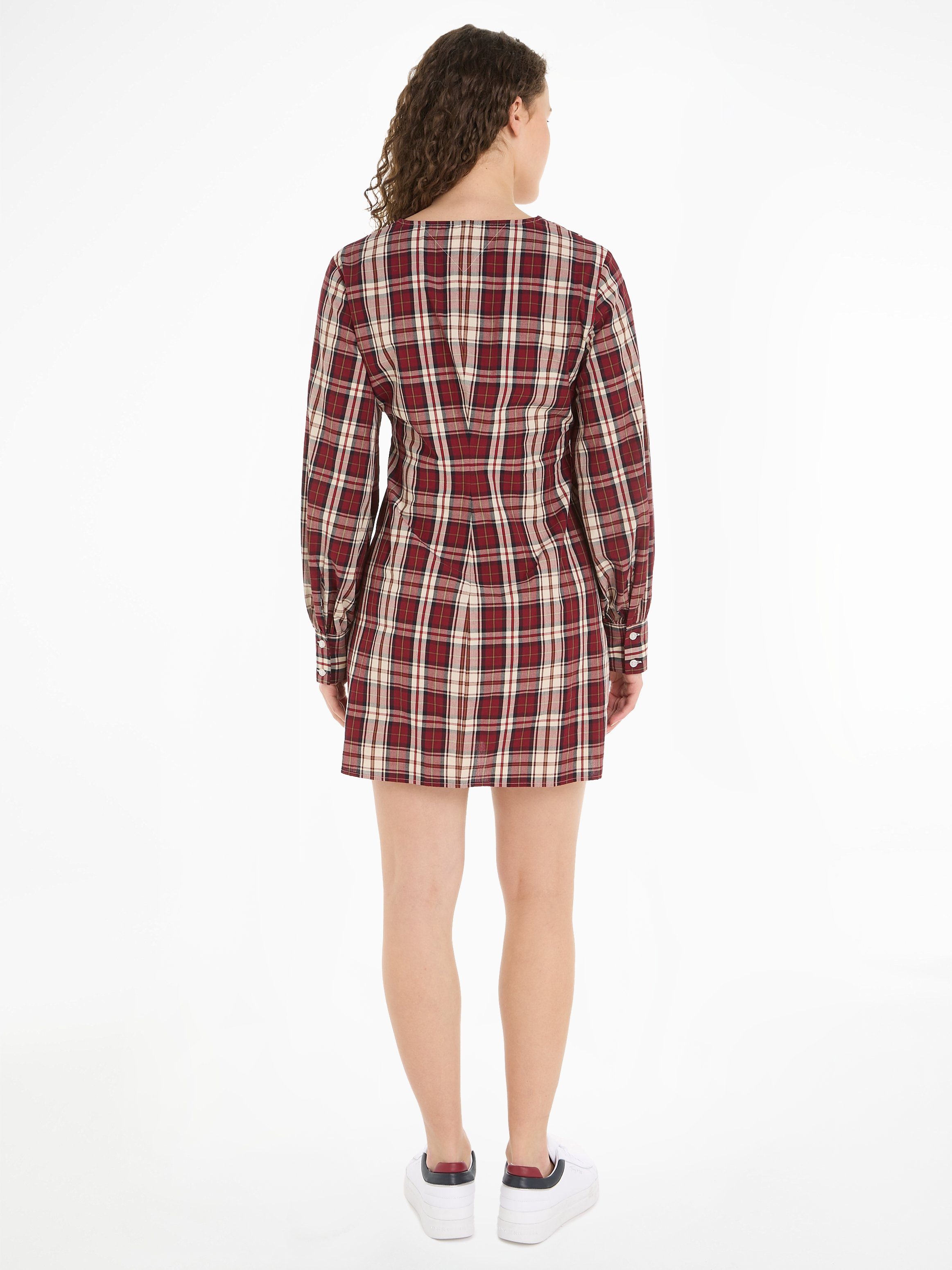 DRESS Blusenkleid Hilfiger 2-Knopf-Manschetten TARTAN V-NECK mit Tommy SHIRT CO