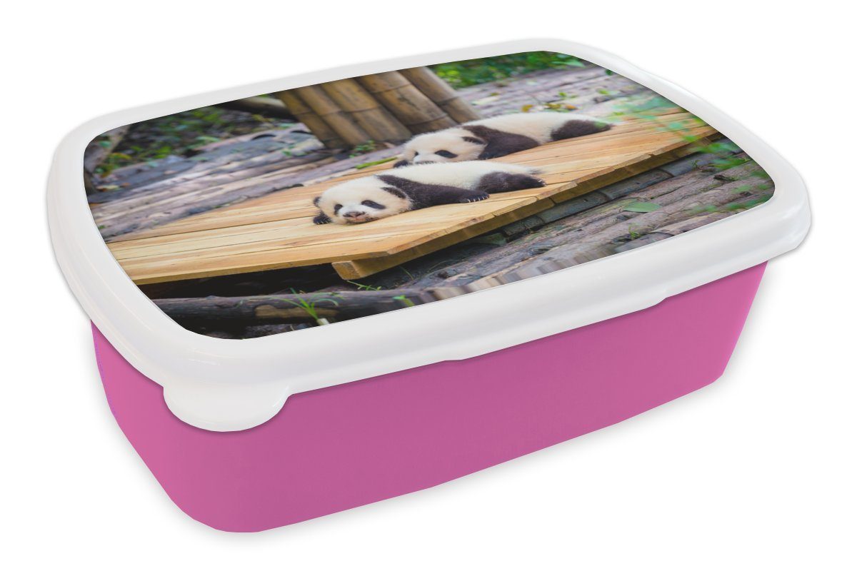 Lunchbox für Brotdose Mädchen, Snackbox, Kunststoff, Kinder, (2-tlg), Holz, MuchoWow Boden rosa Brotbox - - Pandas Erwachsene, Kunststoff