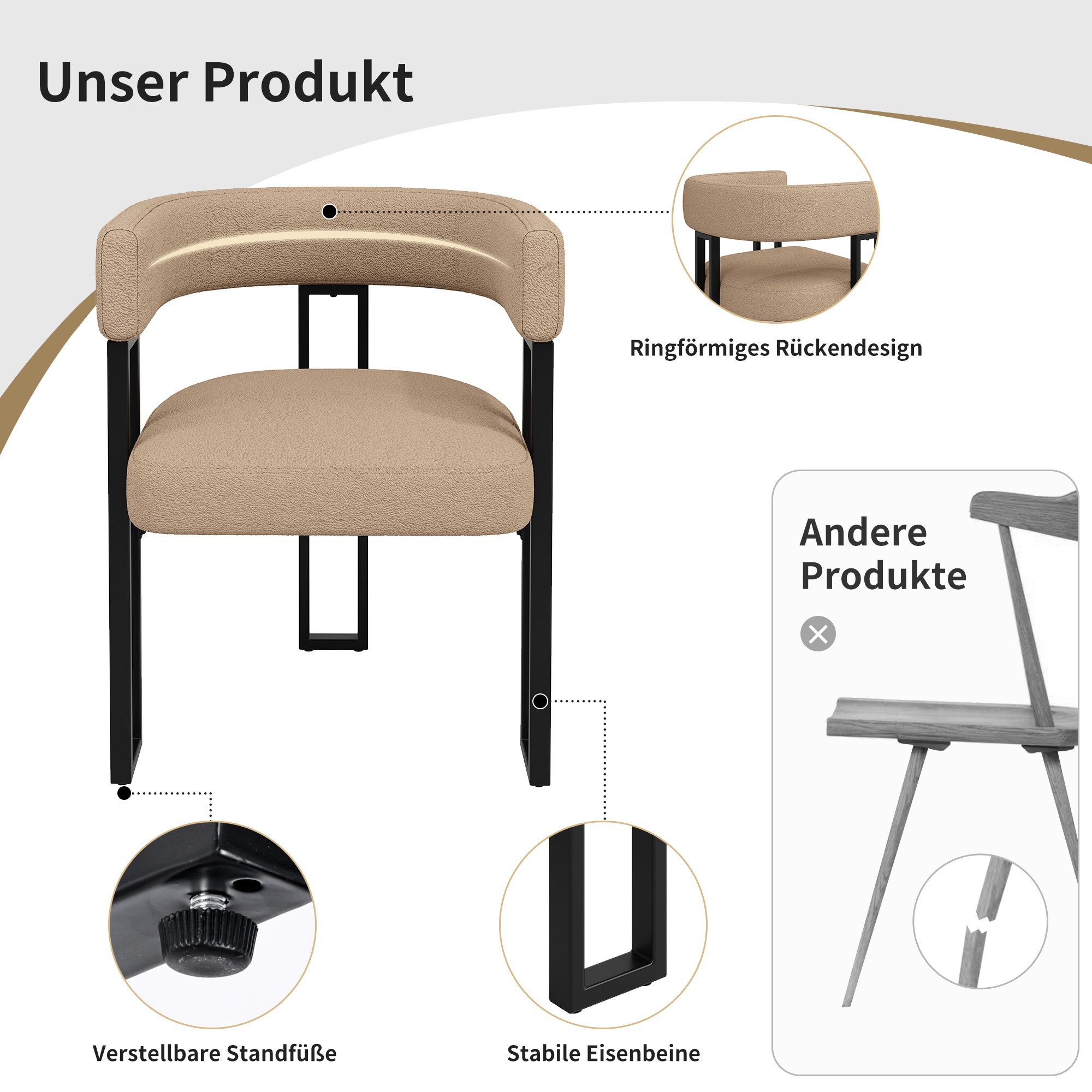 MODFU Esszimmerstuhl Make-up-Stuhl,Schminkstuhl,Luxusstuhl (2-6er Set Luxus Esszimmerstühle aus Lammwollstoff – Ergonomische Rückenlehne, Verstellbare Füße & Robuste Metallbeine., 2 St)