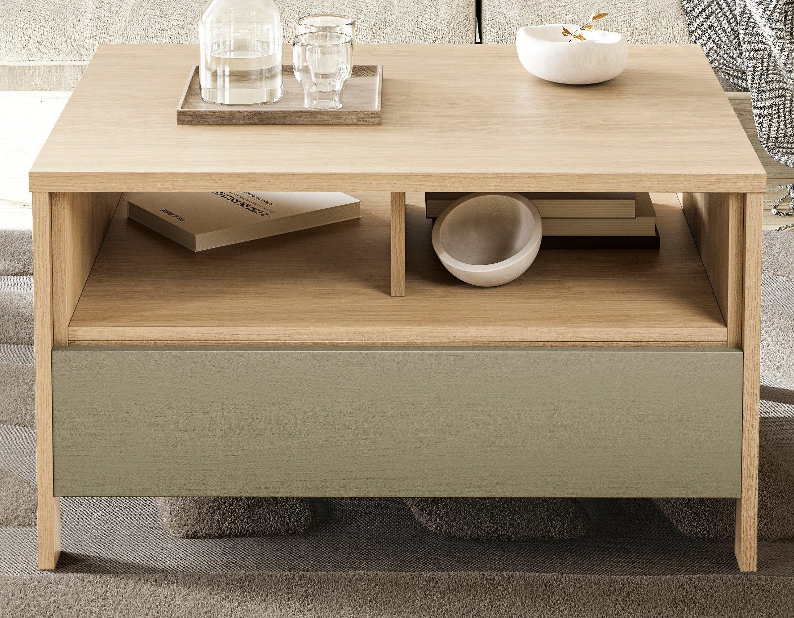 Furn.Design Couchtisch Finnes (Wohnzimmer Tisch in Salbei mit Eiche Natur, 80 x 60 cm), Schublade mit Soft-Close-Funktion